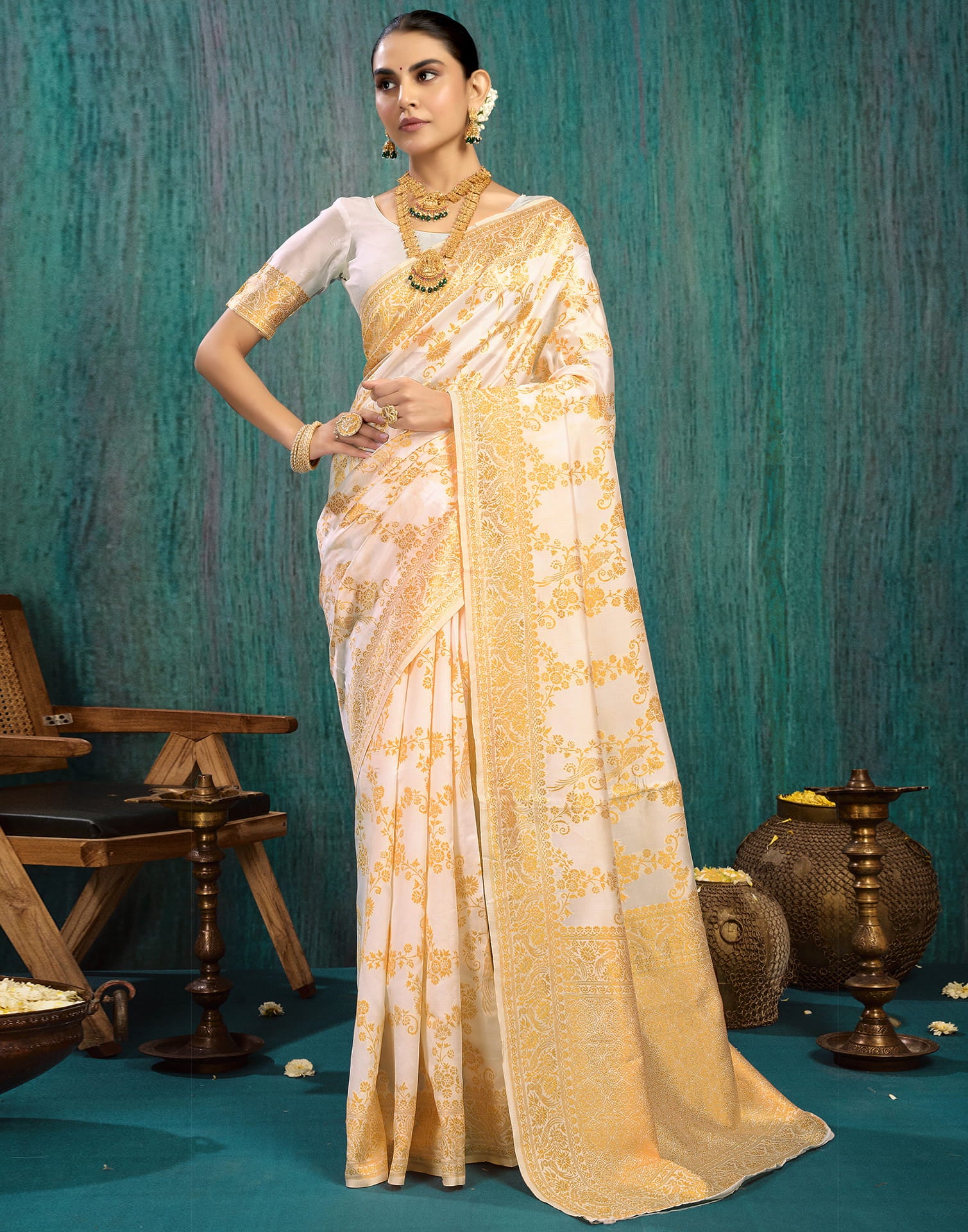 White Silk Blend Woven Saree