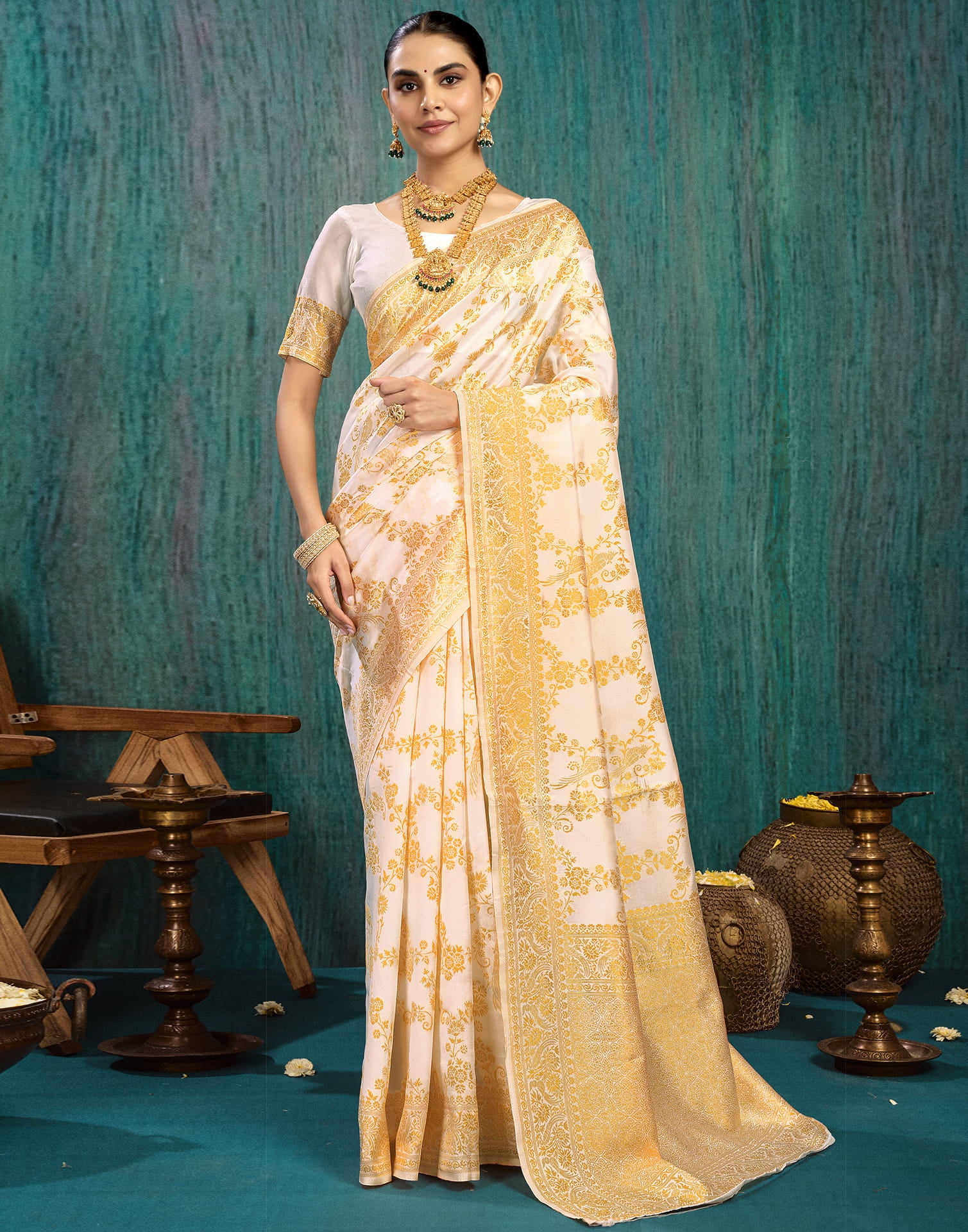 White Silk Blend Woven Saree