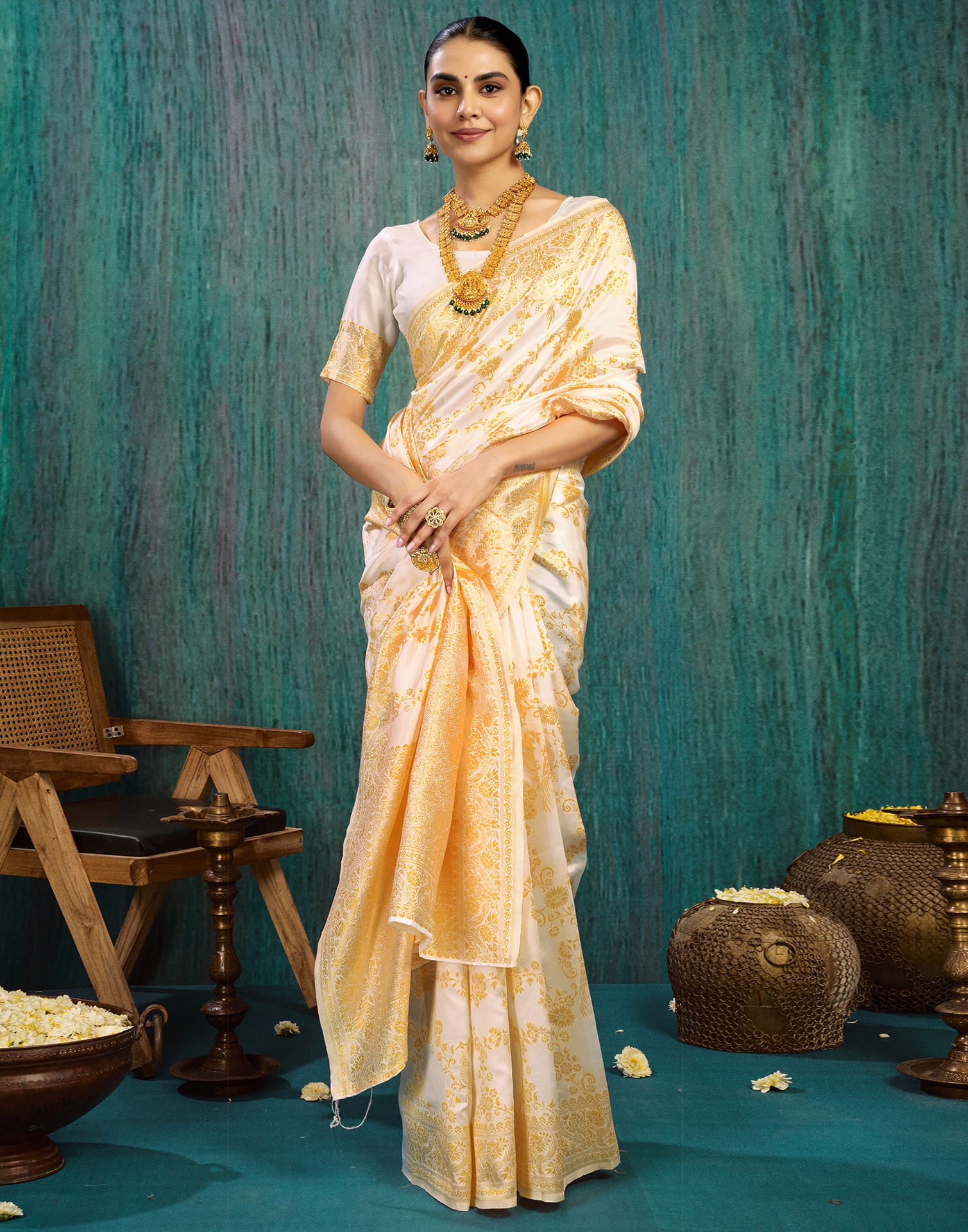 White Silk Blend Woven Saree