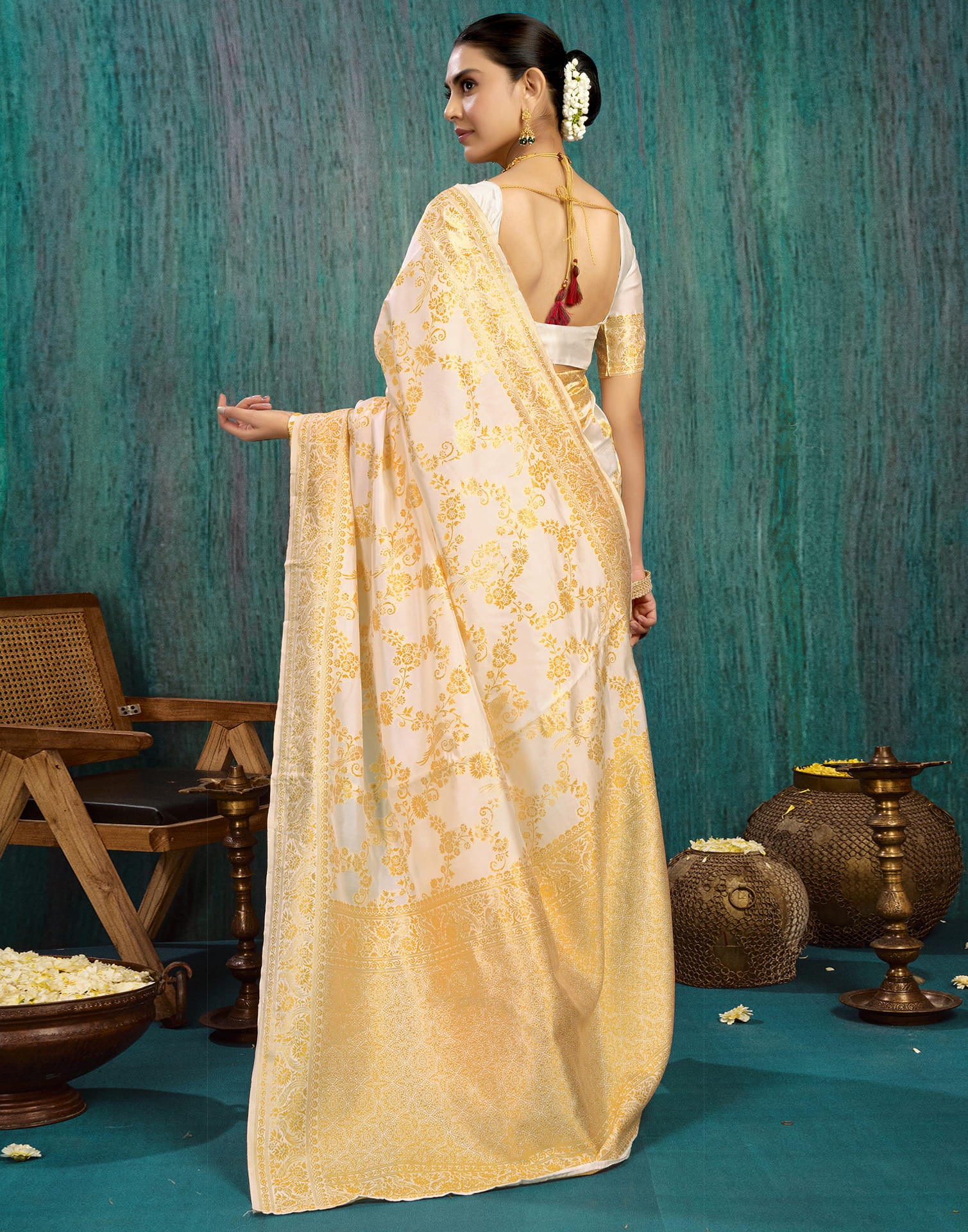 White Silk Blend Woven Saree