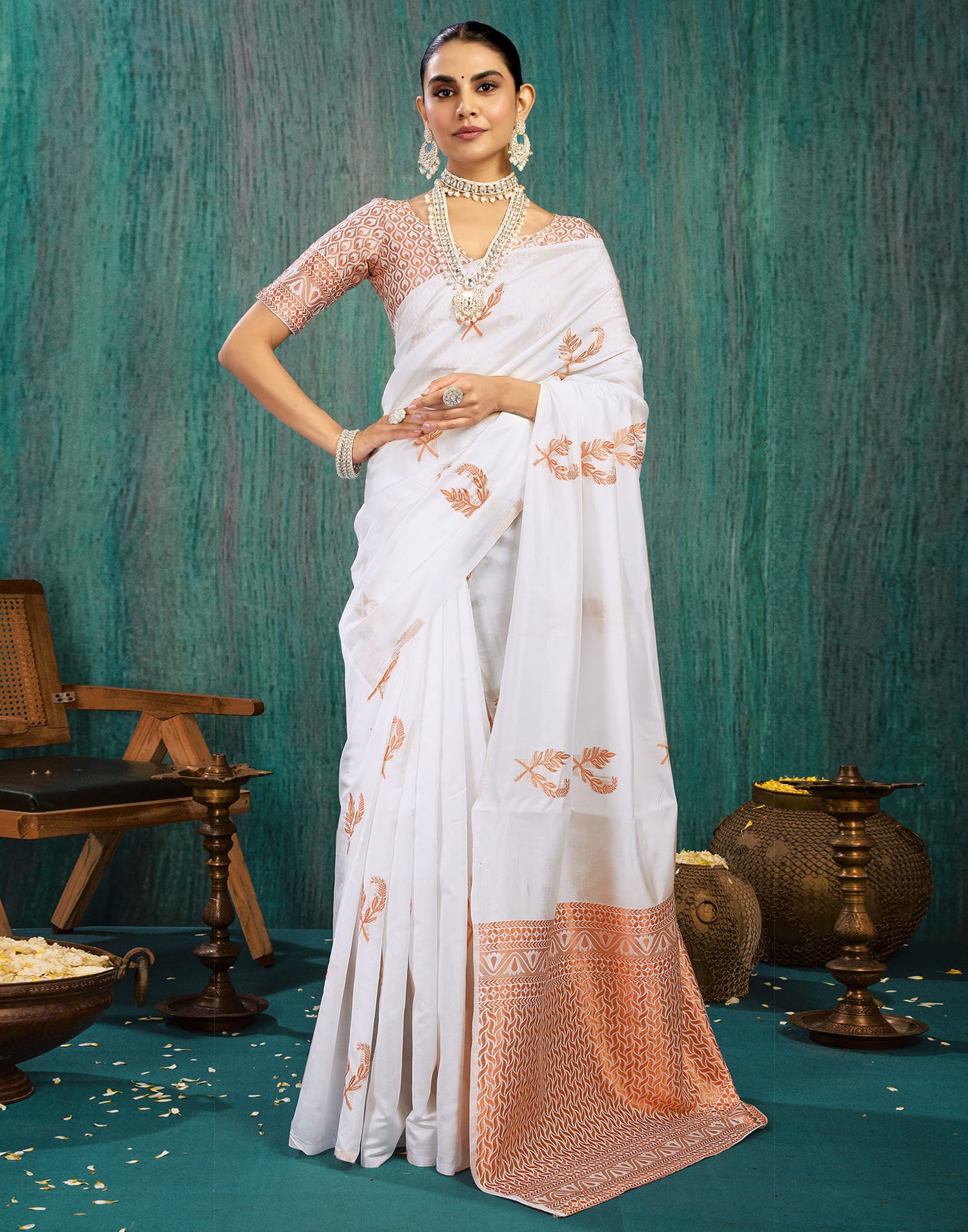 White Silk Blend Woven Saree