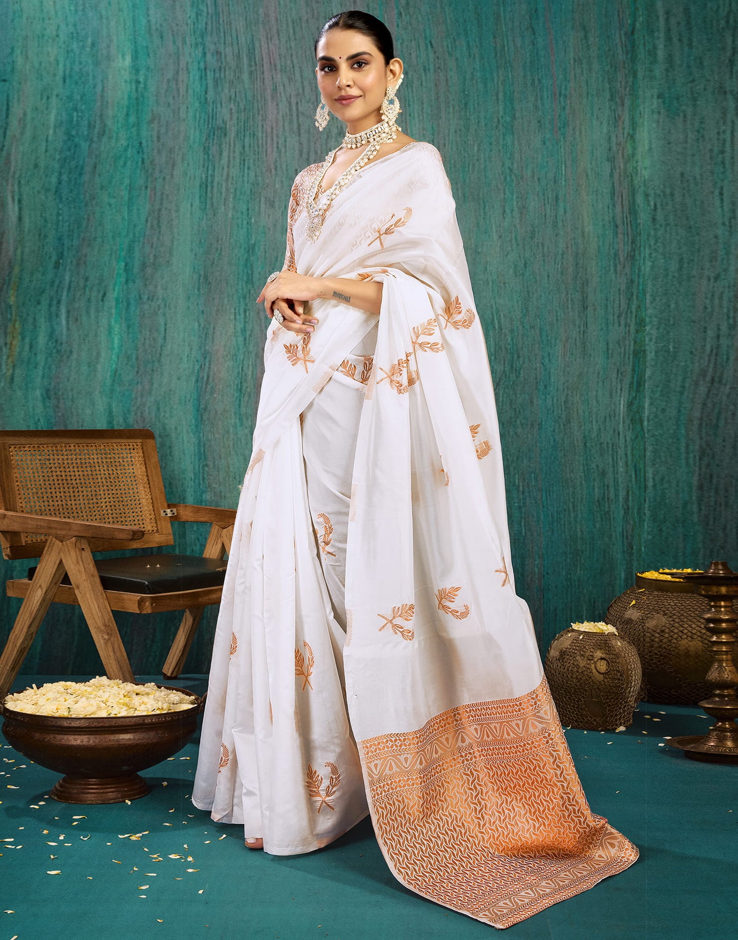 White Silk Blend Woven Saree