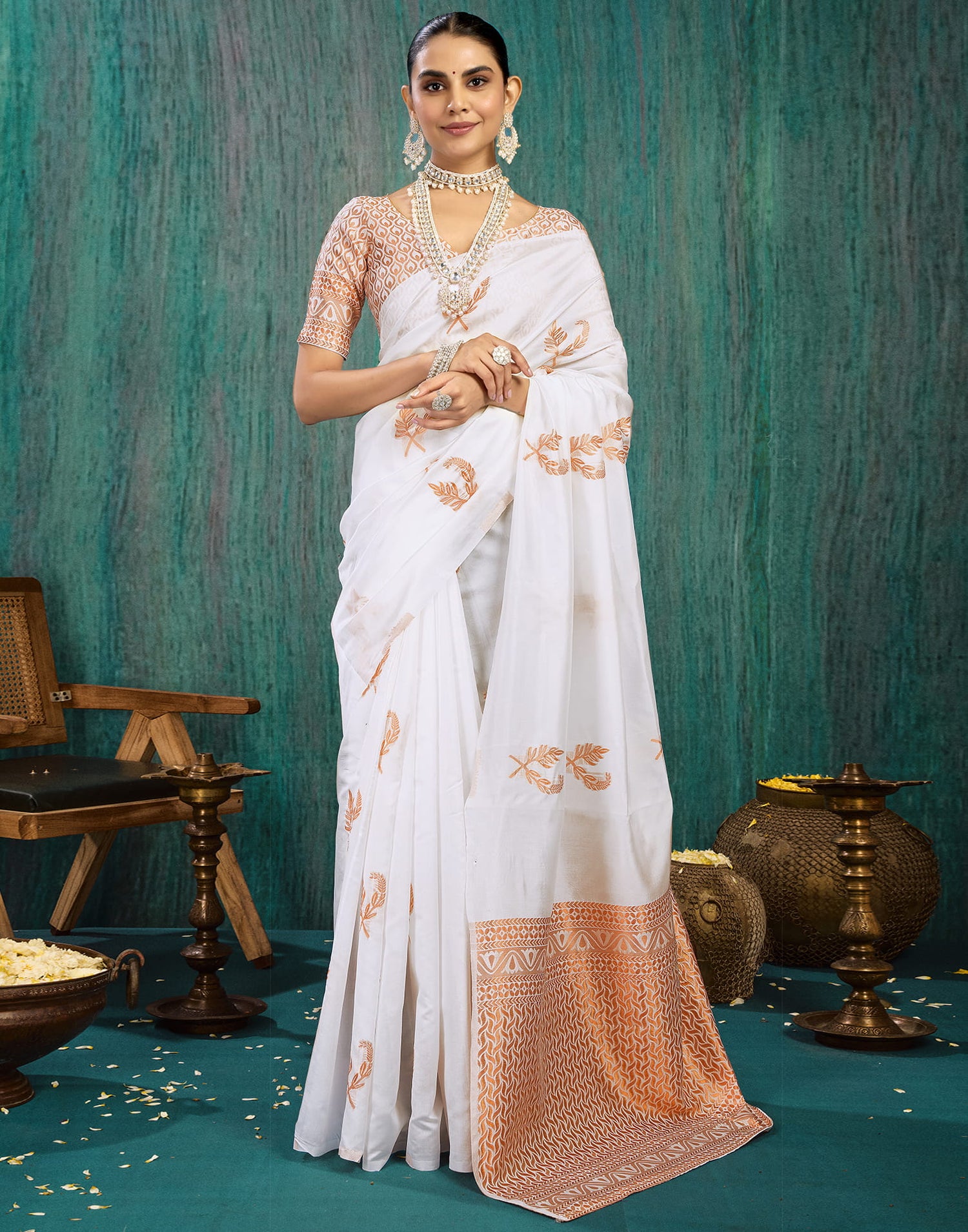 White Silk Blend Woven Saree