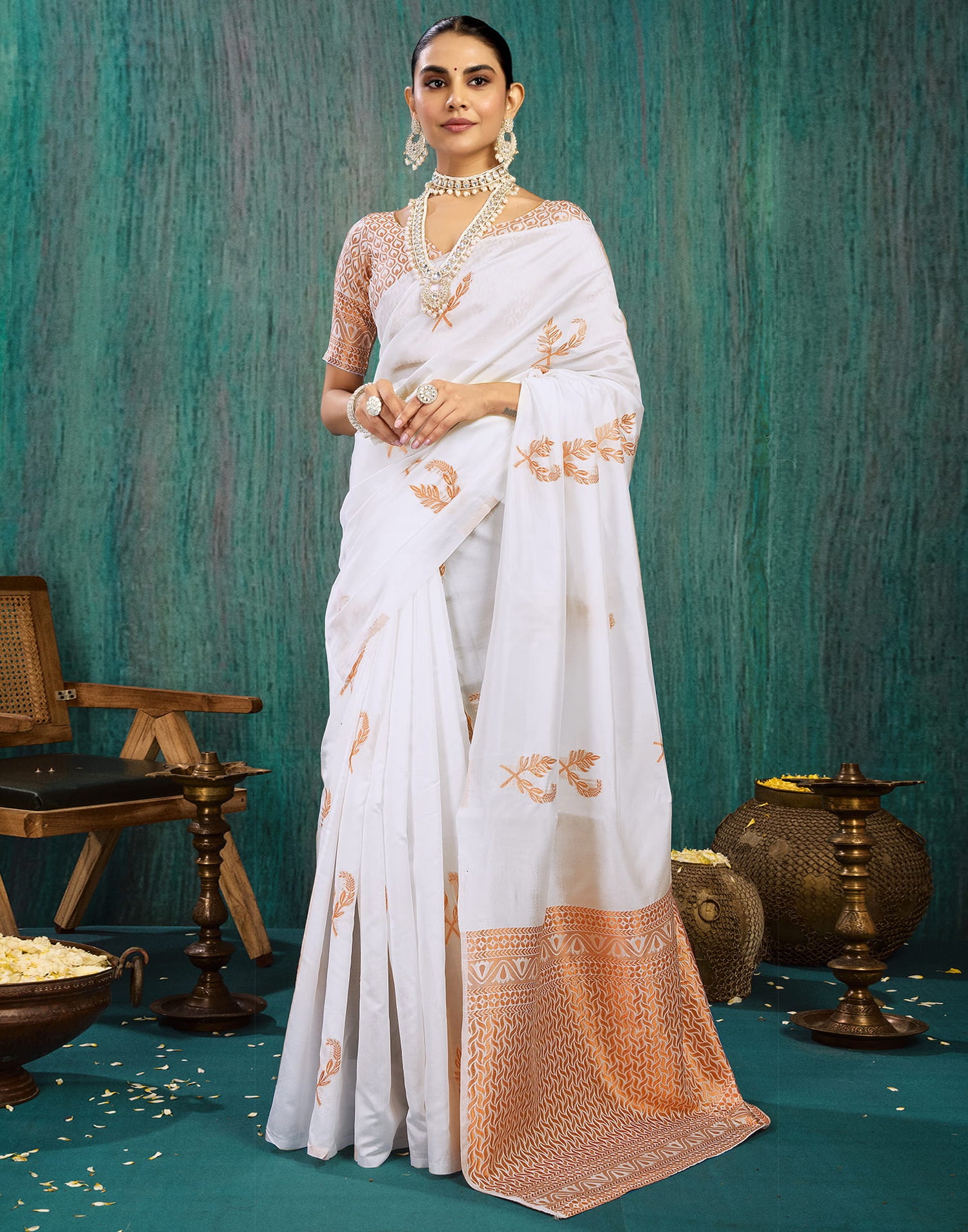 White Silk Blend Woven Saree