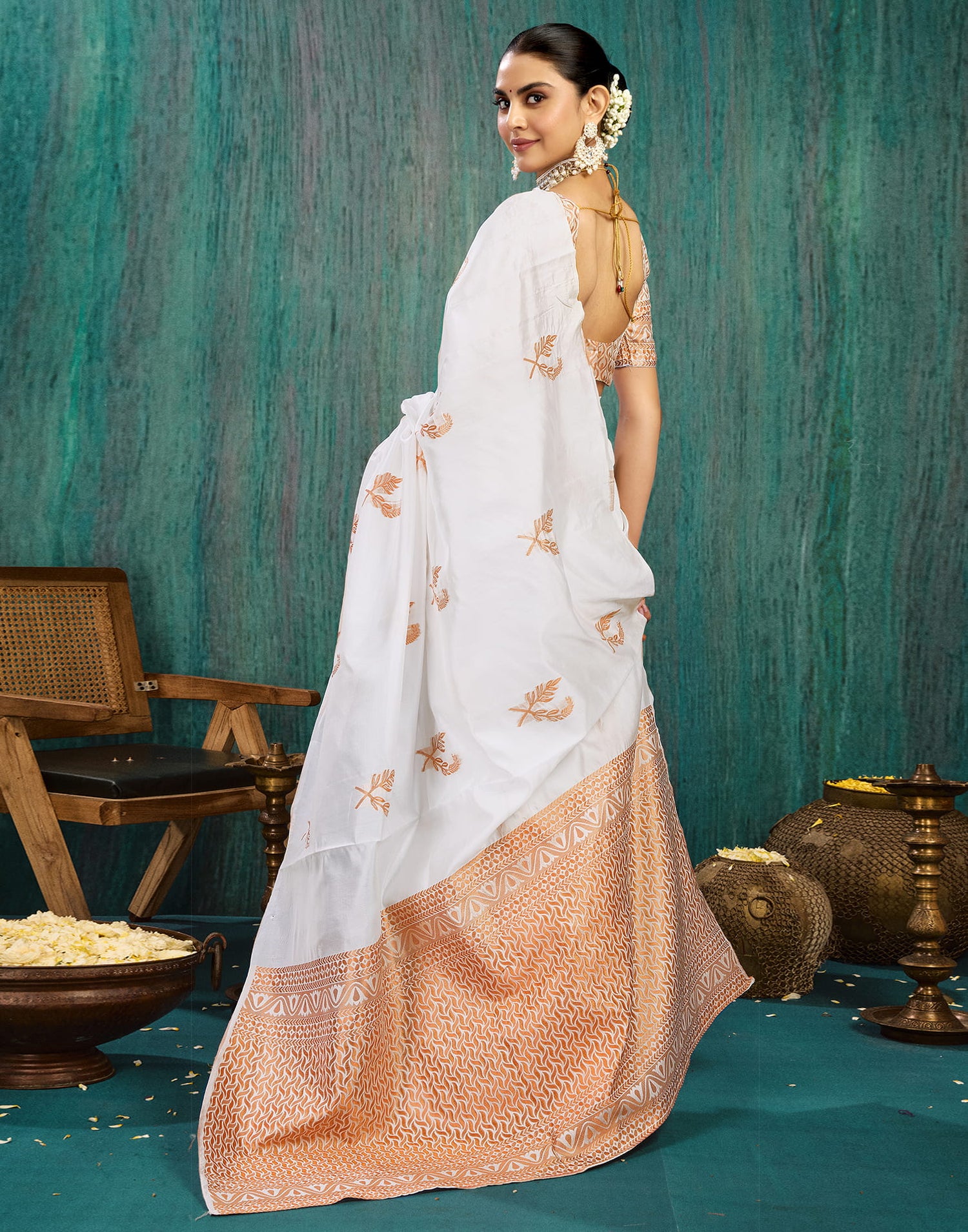 White Silk Blend Woven Saree