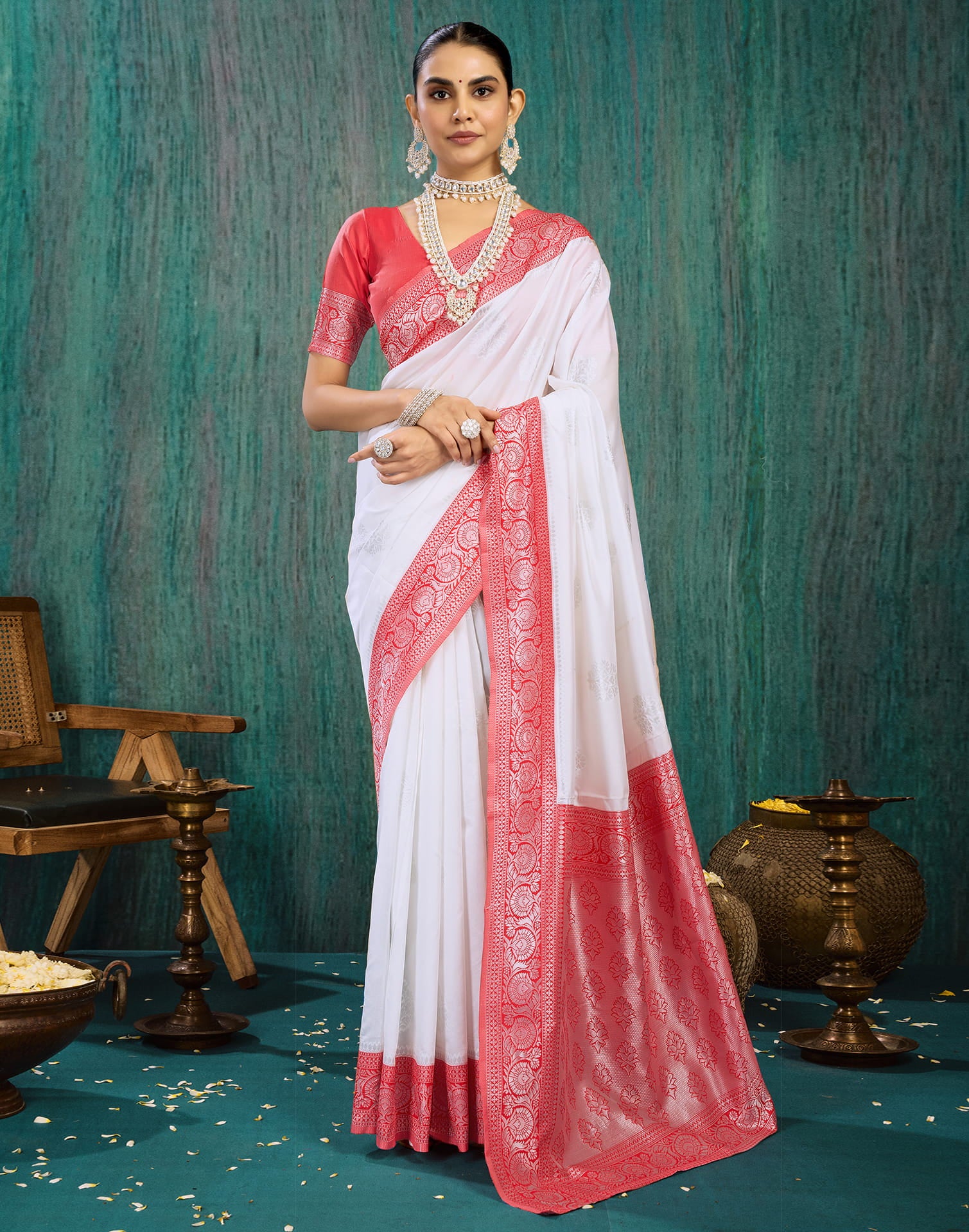 White Silk Blend Woven Saree