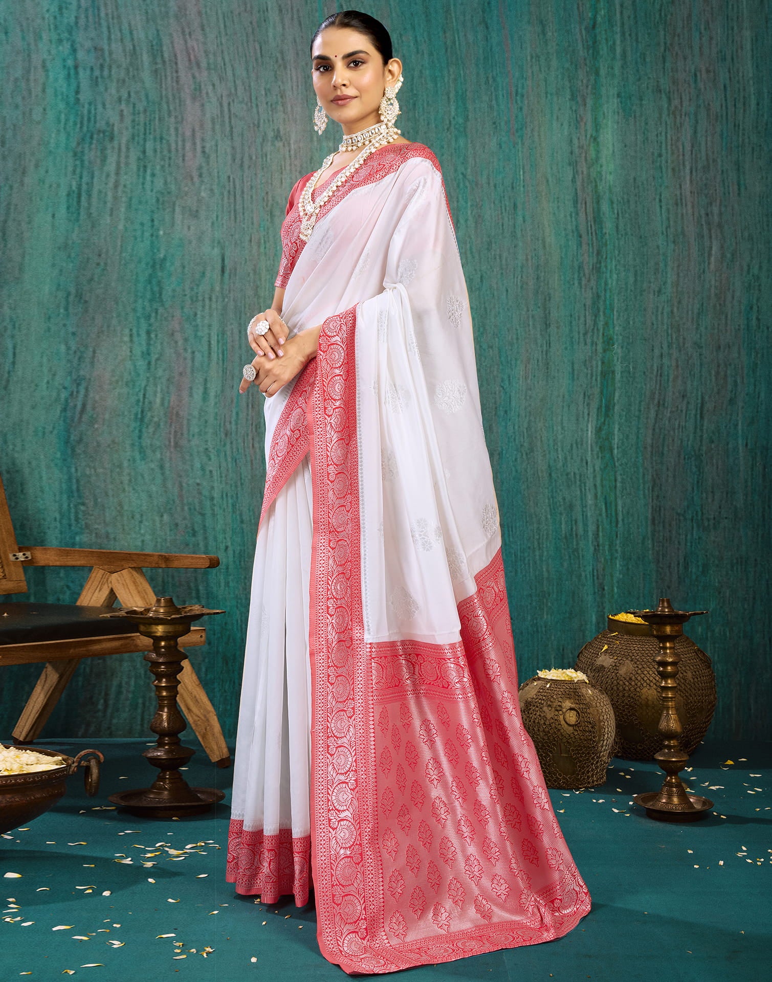 White Silk Blend Woven Saree