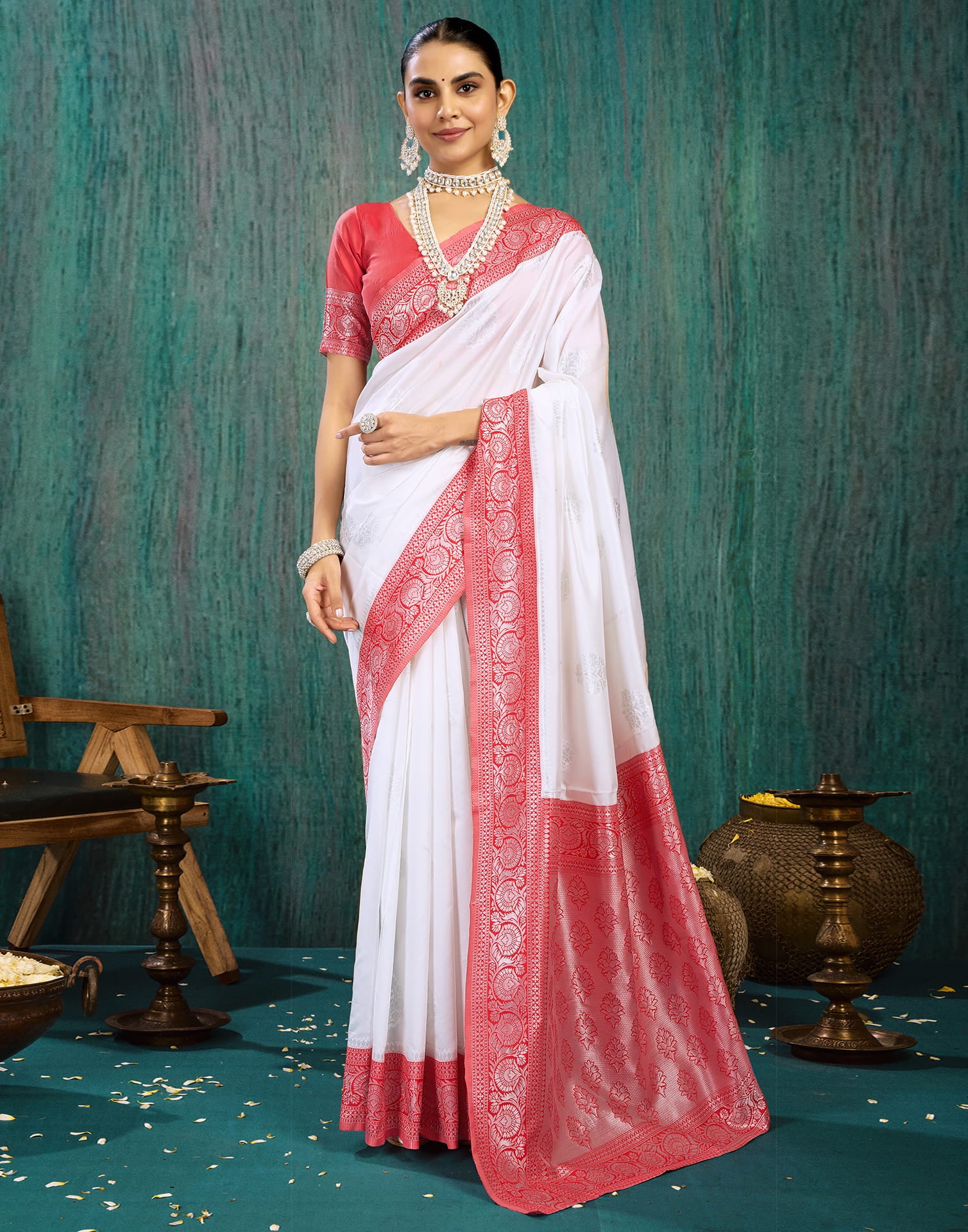 White Silk Blend Woven Saree