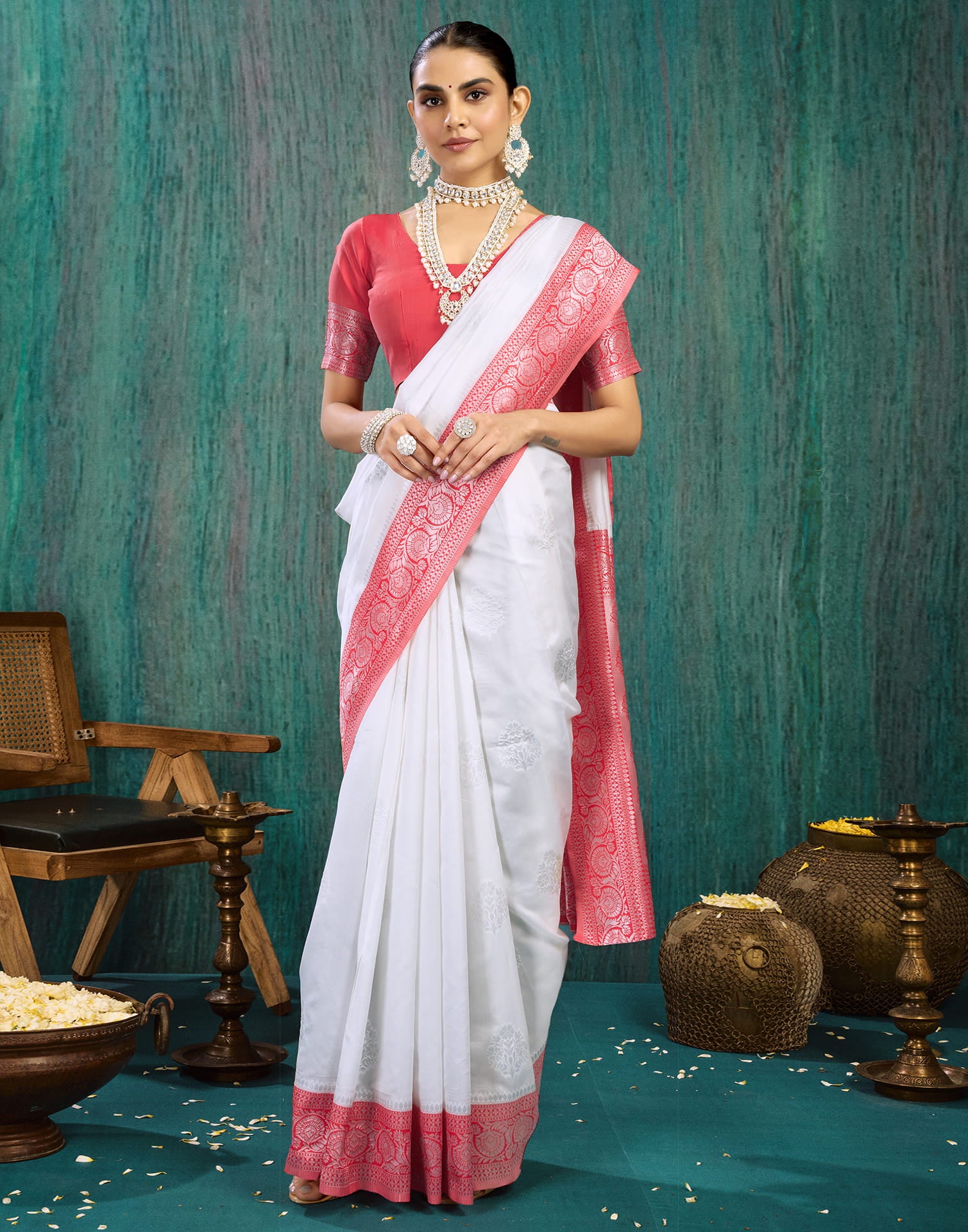 White Silk Blend Woven Saree