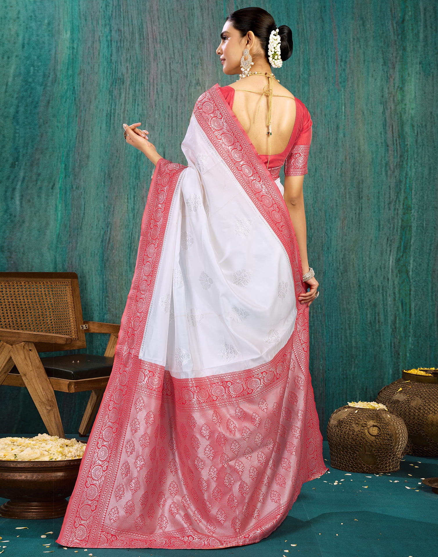 White Silk Blend Woven Saree