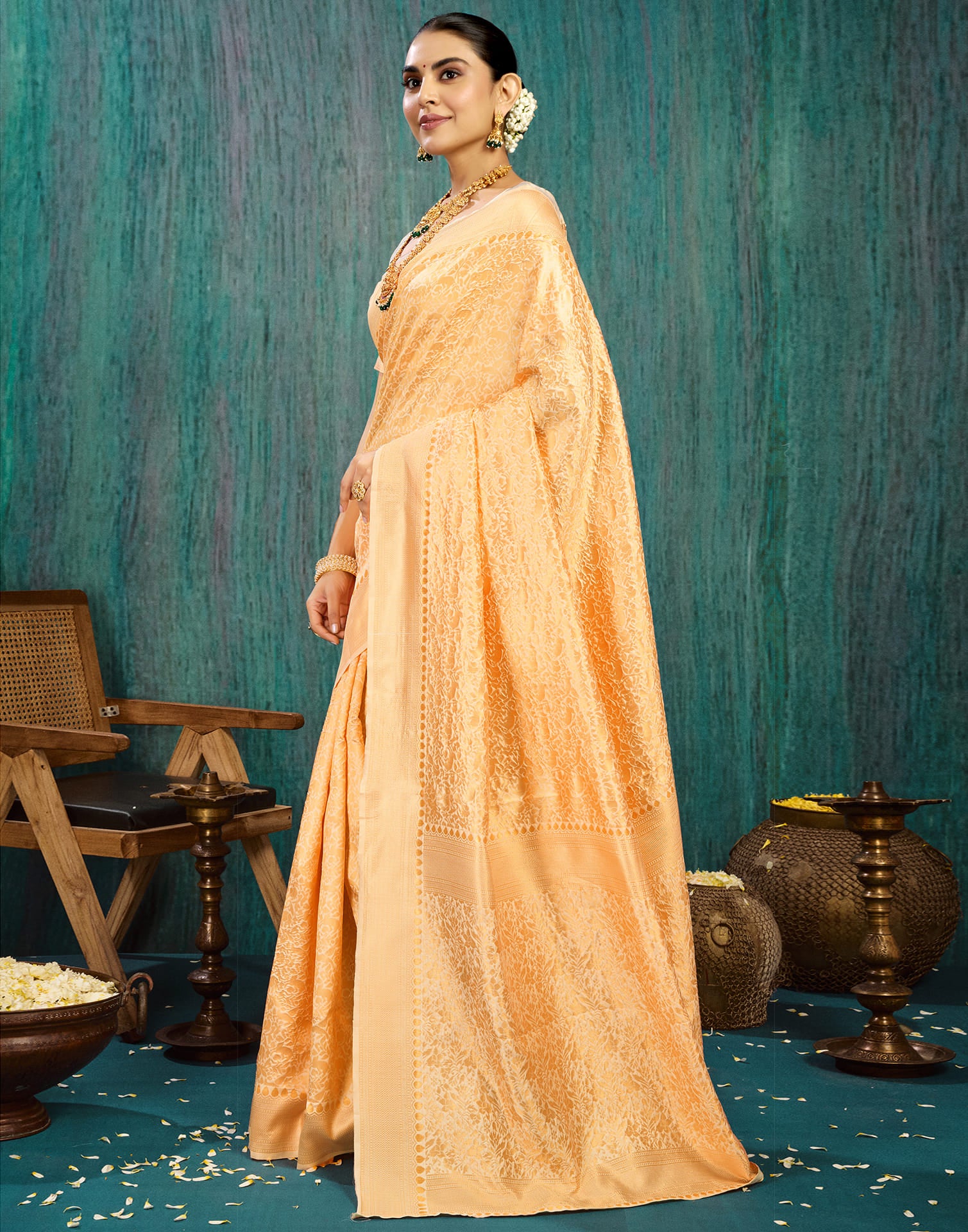 Beige Silk Blend Woven Saree