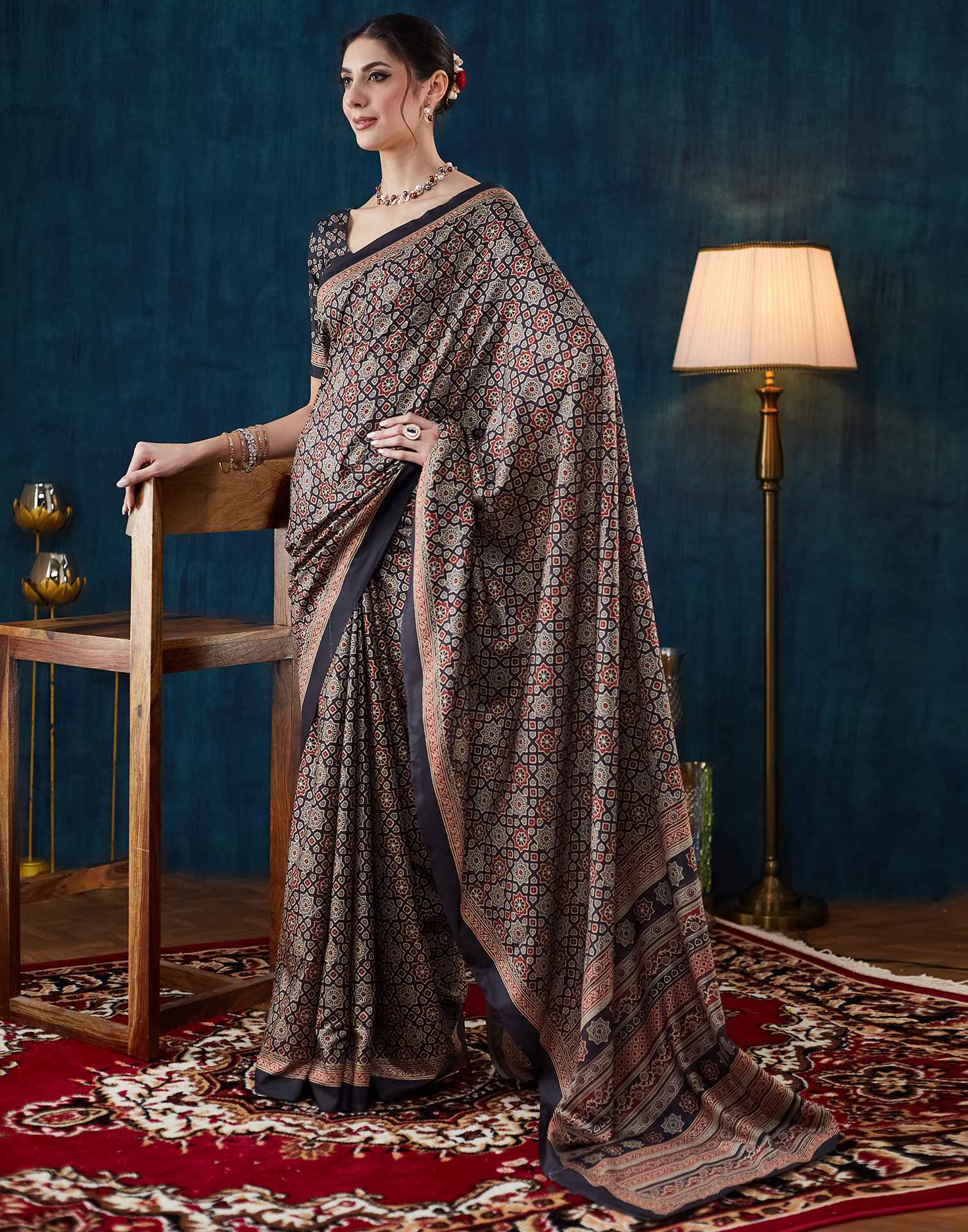 Black Ajrakh Printed Silk Saree