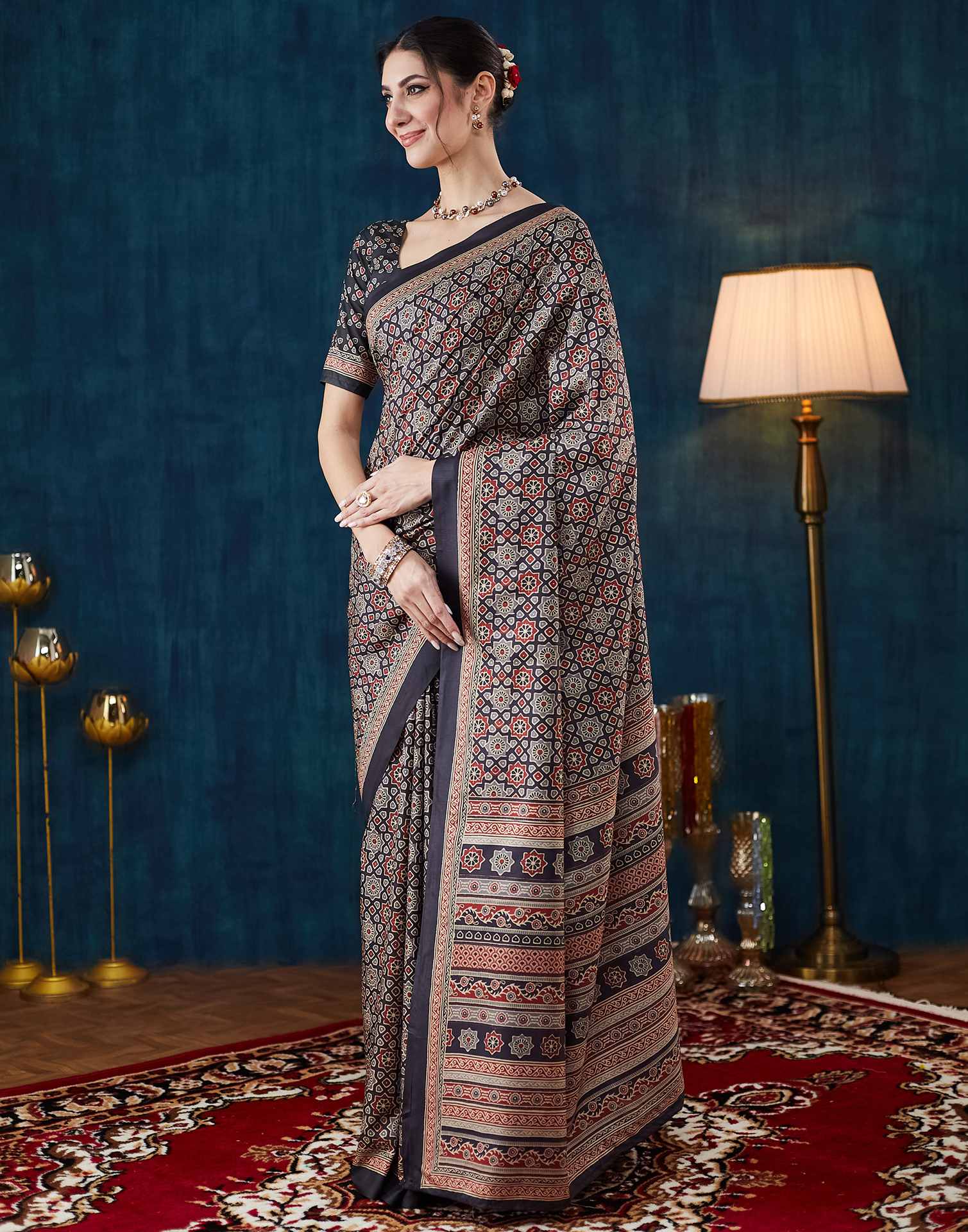 Black Ajrakh Printed Silk Saree