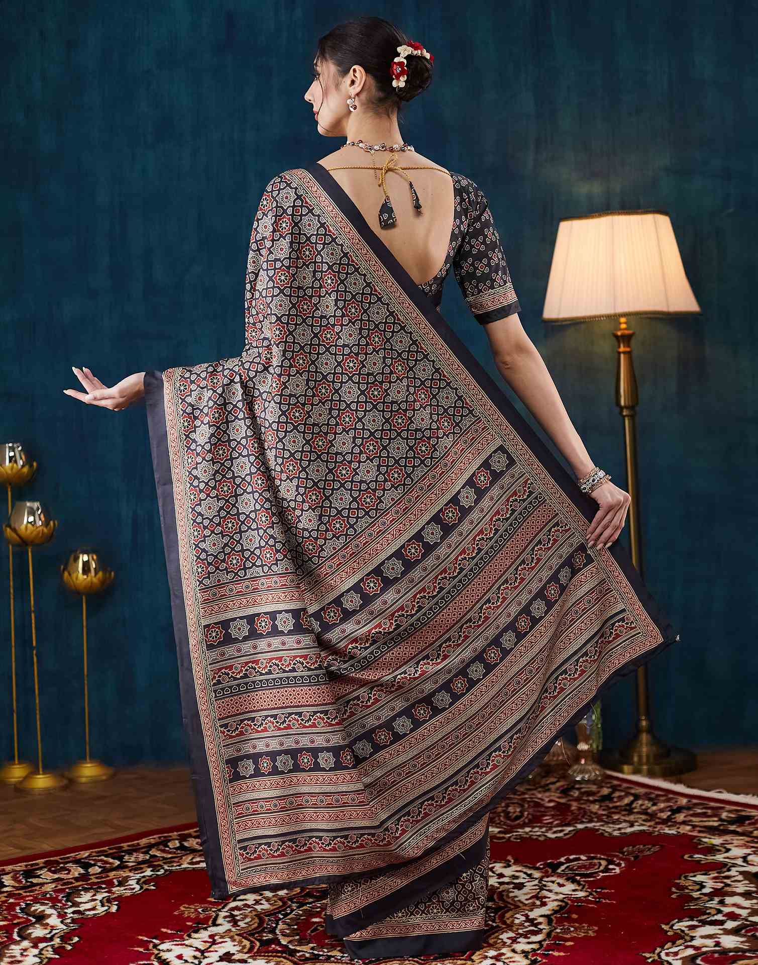 Black Ajrakh Printed Silk Saree