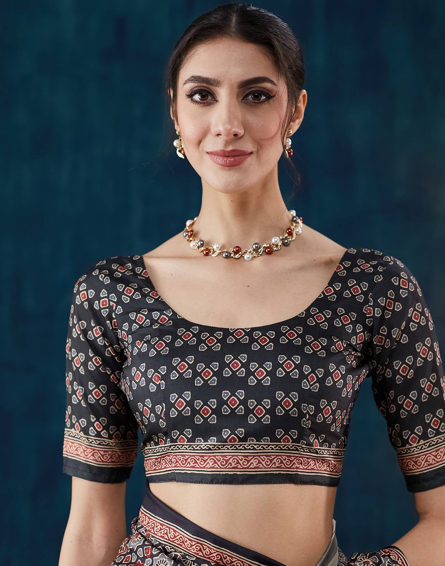 Black Ajrakh Printed Silk Saree