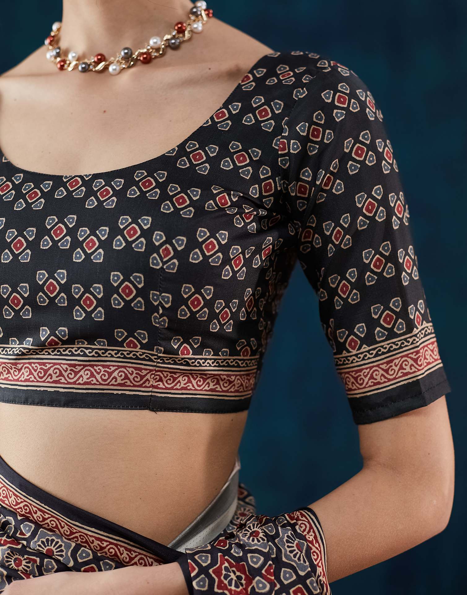 Black Ajrakh Printed Silk Saree