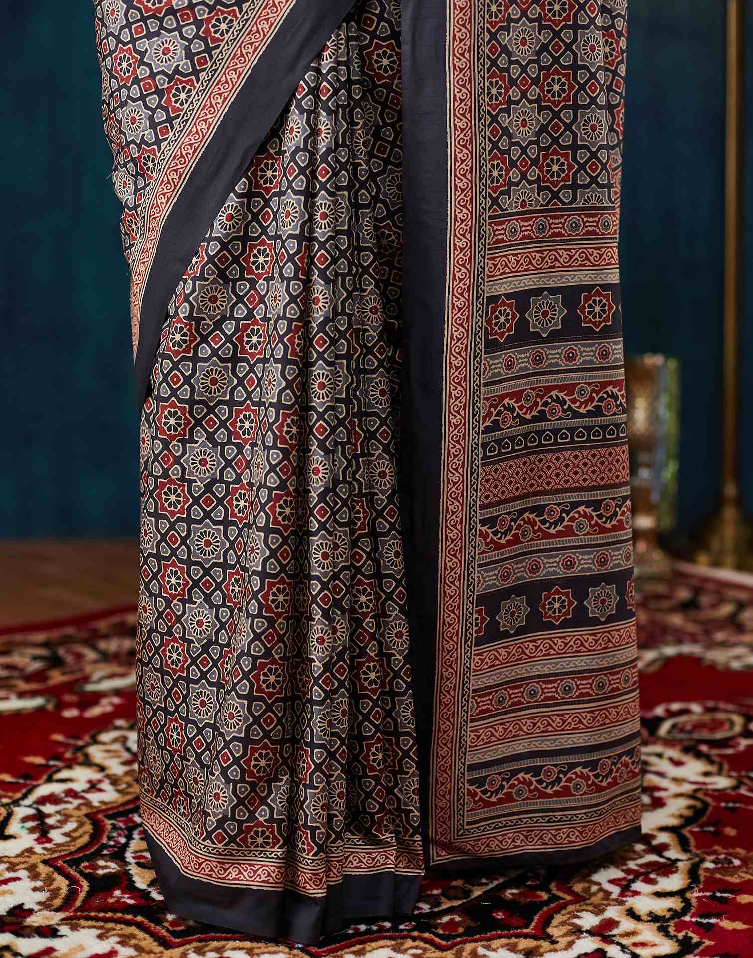 Black Ajrakh Printed Silk Saree