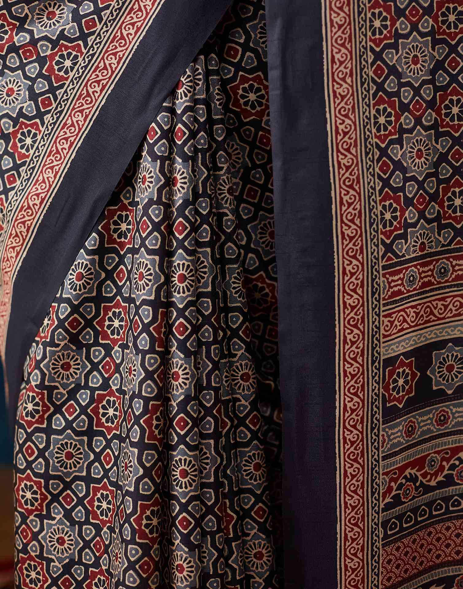 Black Ajrakh Printed Silk Saree