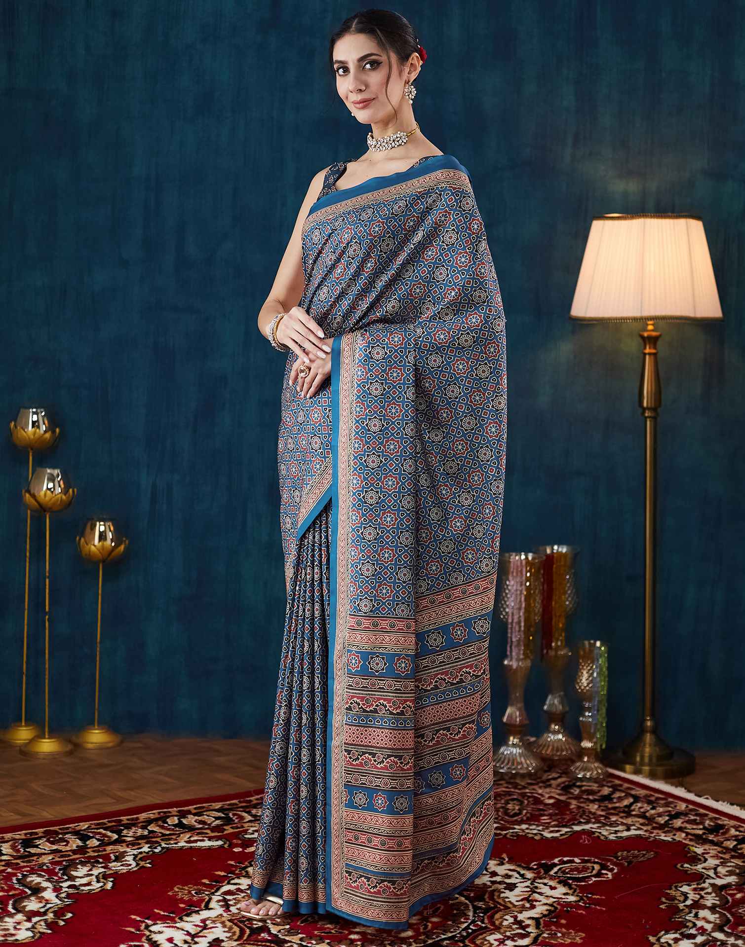 Royal Blue Ajrakh Printed Silk Saree