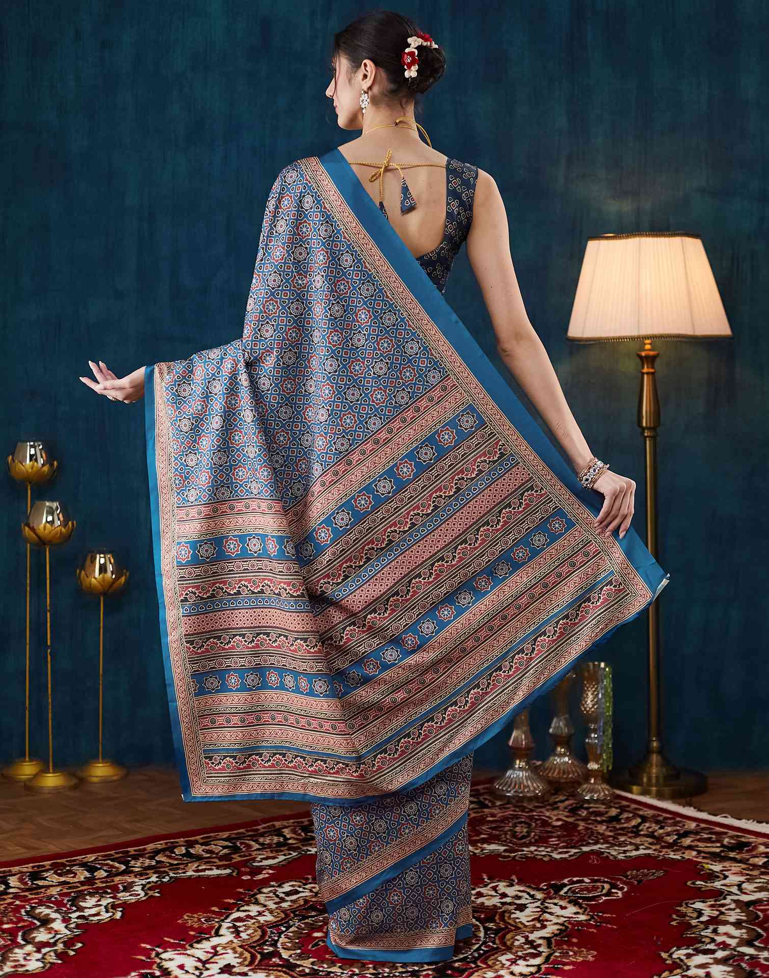 Royal Blue Ajrakh Printed Silk Saree