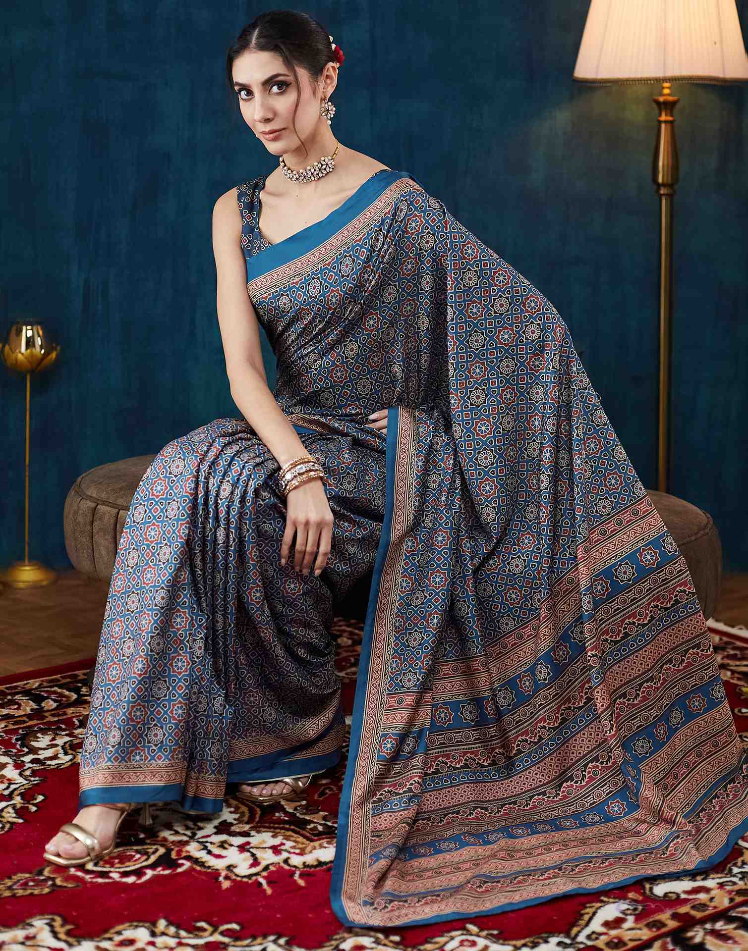 Royal Blue Ajrakh Printed Silk Saree