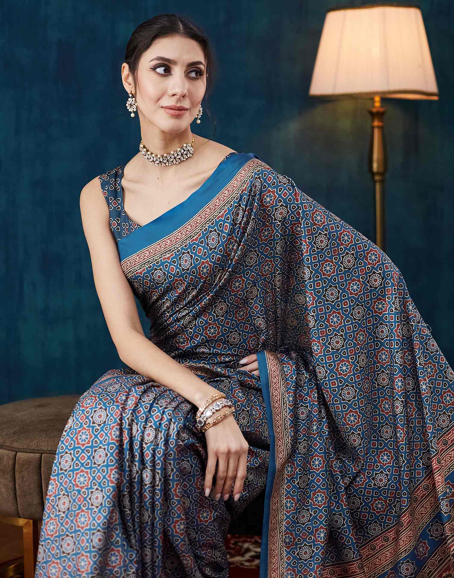 Royal Blue Ajrakh Printed Silk Saree