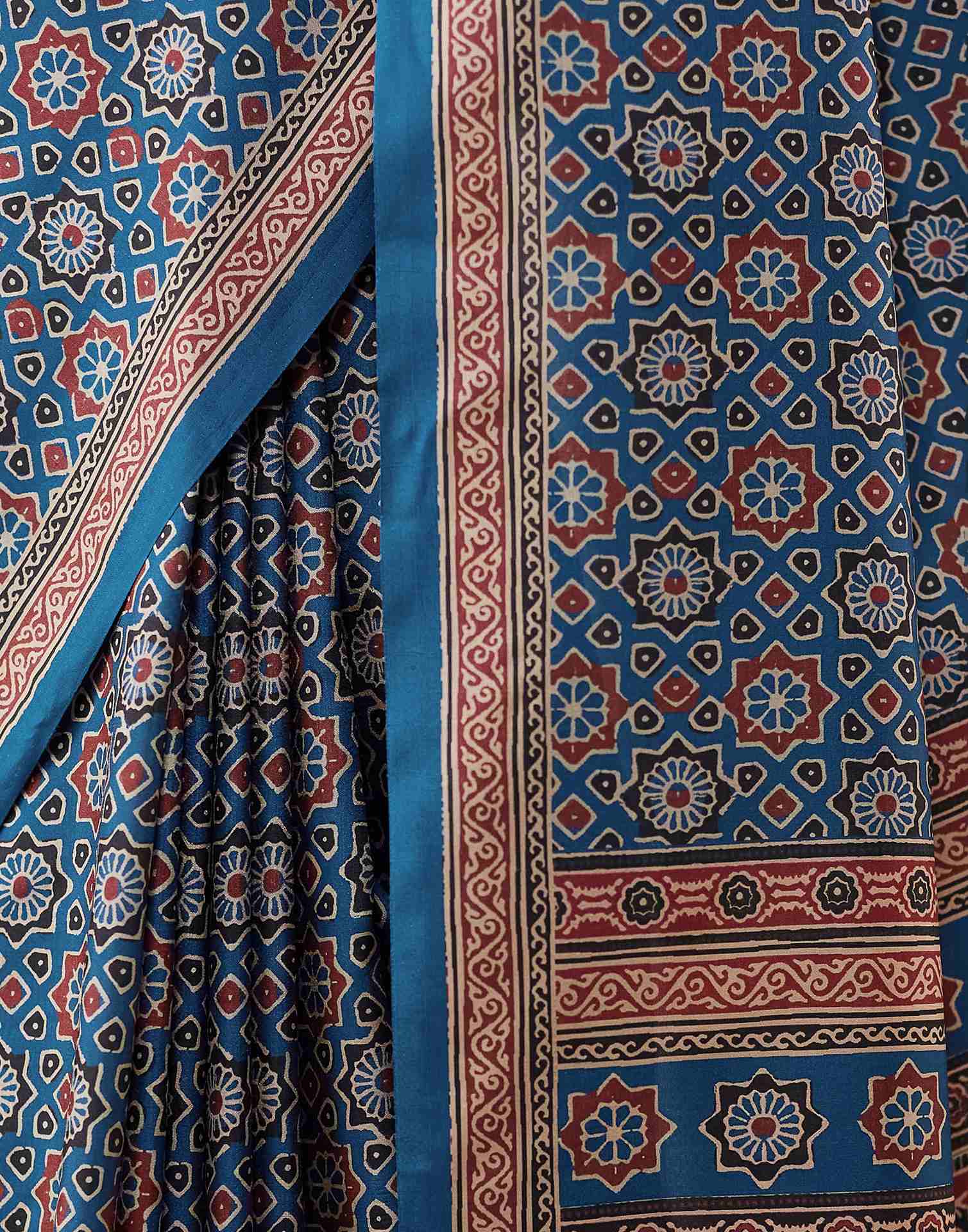 Royal Blue Ajrakh Printed Silk Saree