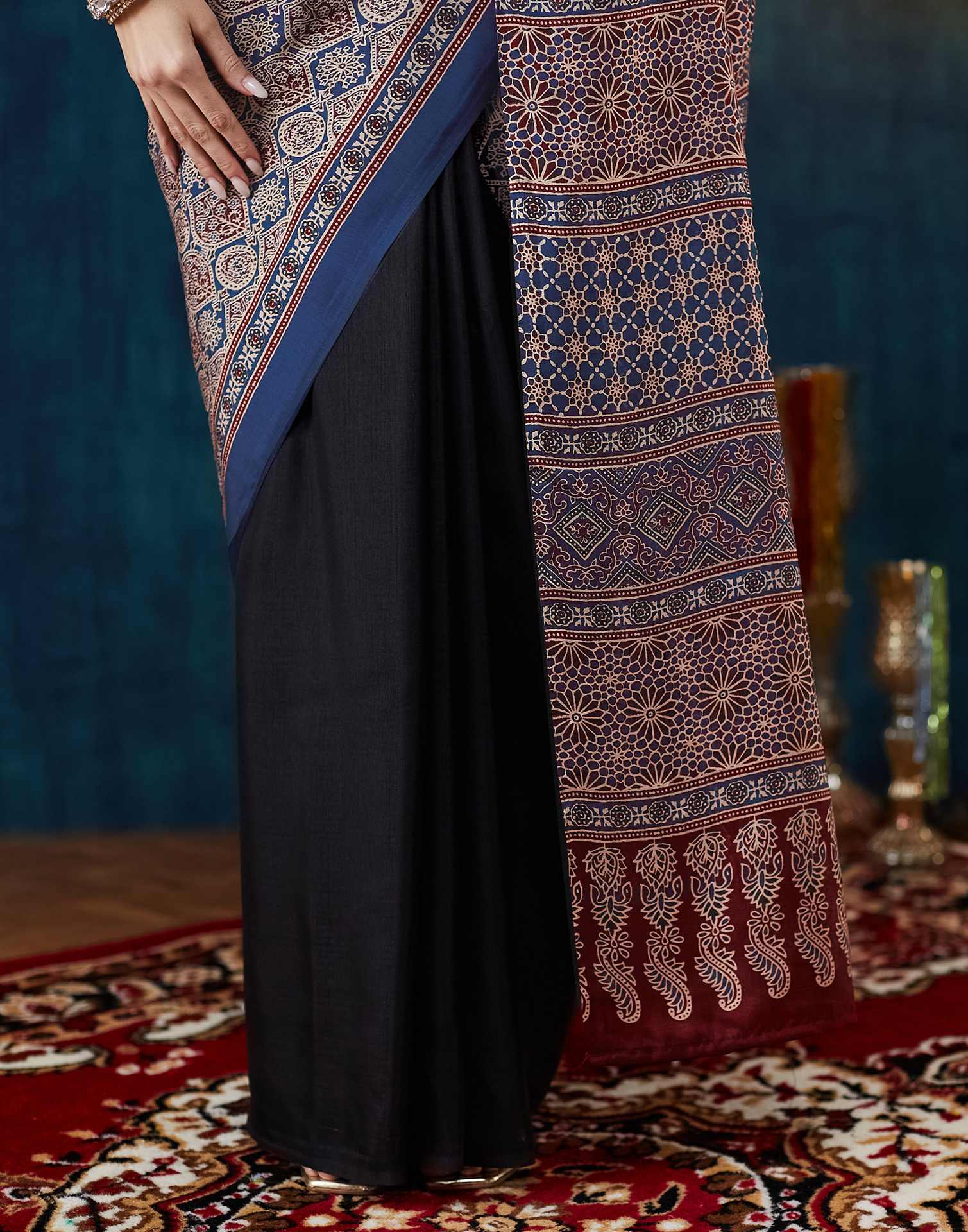 Black Ajrakh Printed Silk Saree