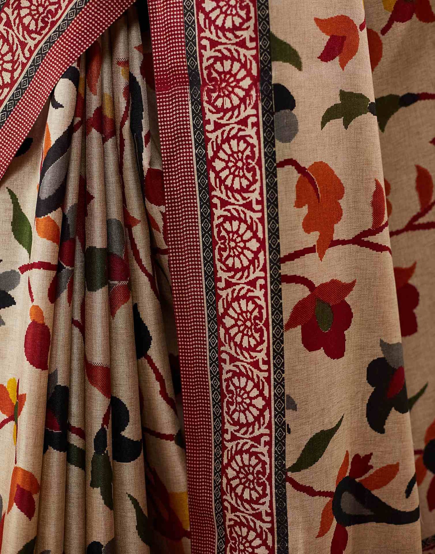 Beige Floral Printed Silk Saree