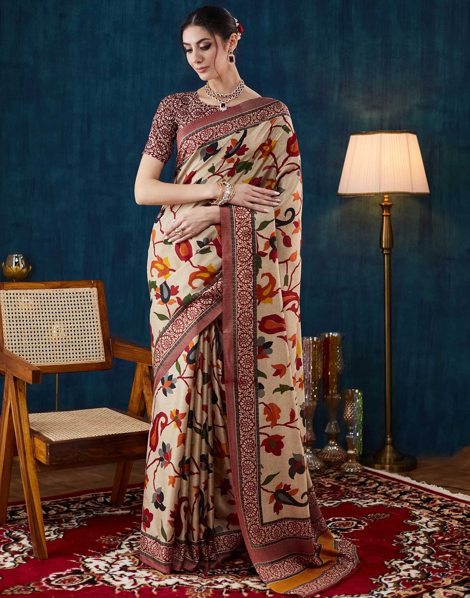 Beige Floral Printed Silk Saree
