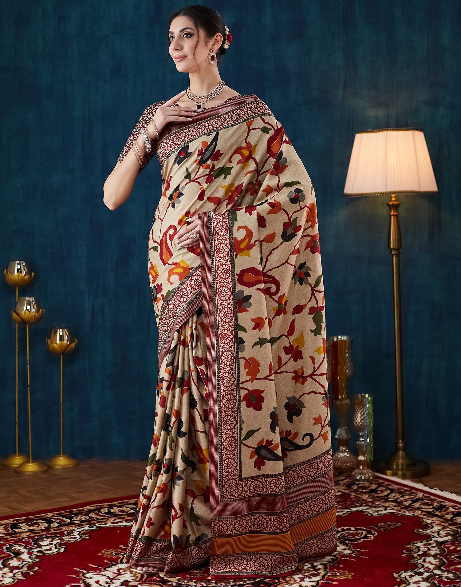 Beige Floral Printed Silk Saree