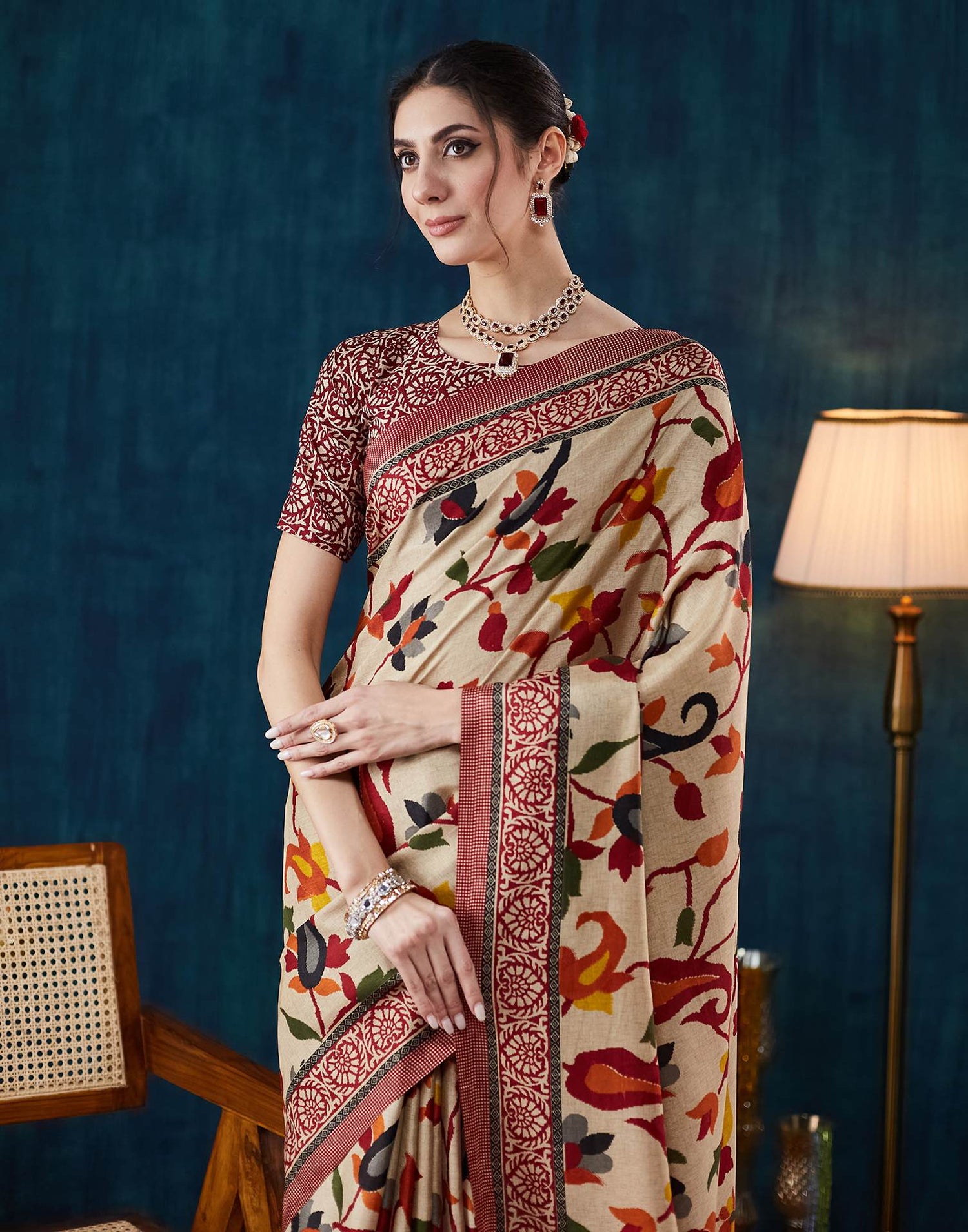 Beige Floral Printed Silk Saree