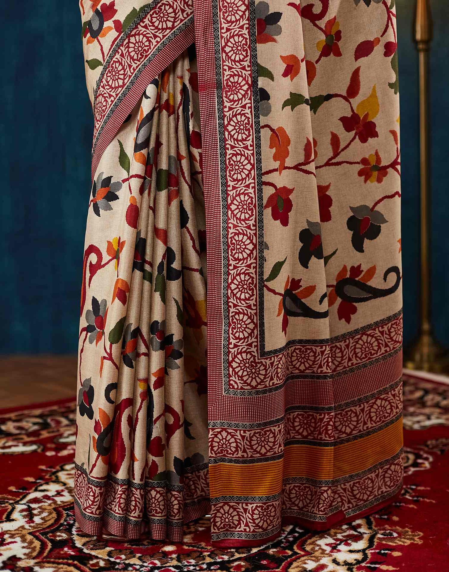 Beige Floral Printed Silk Saree
