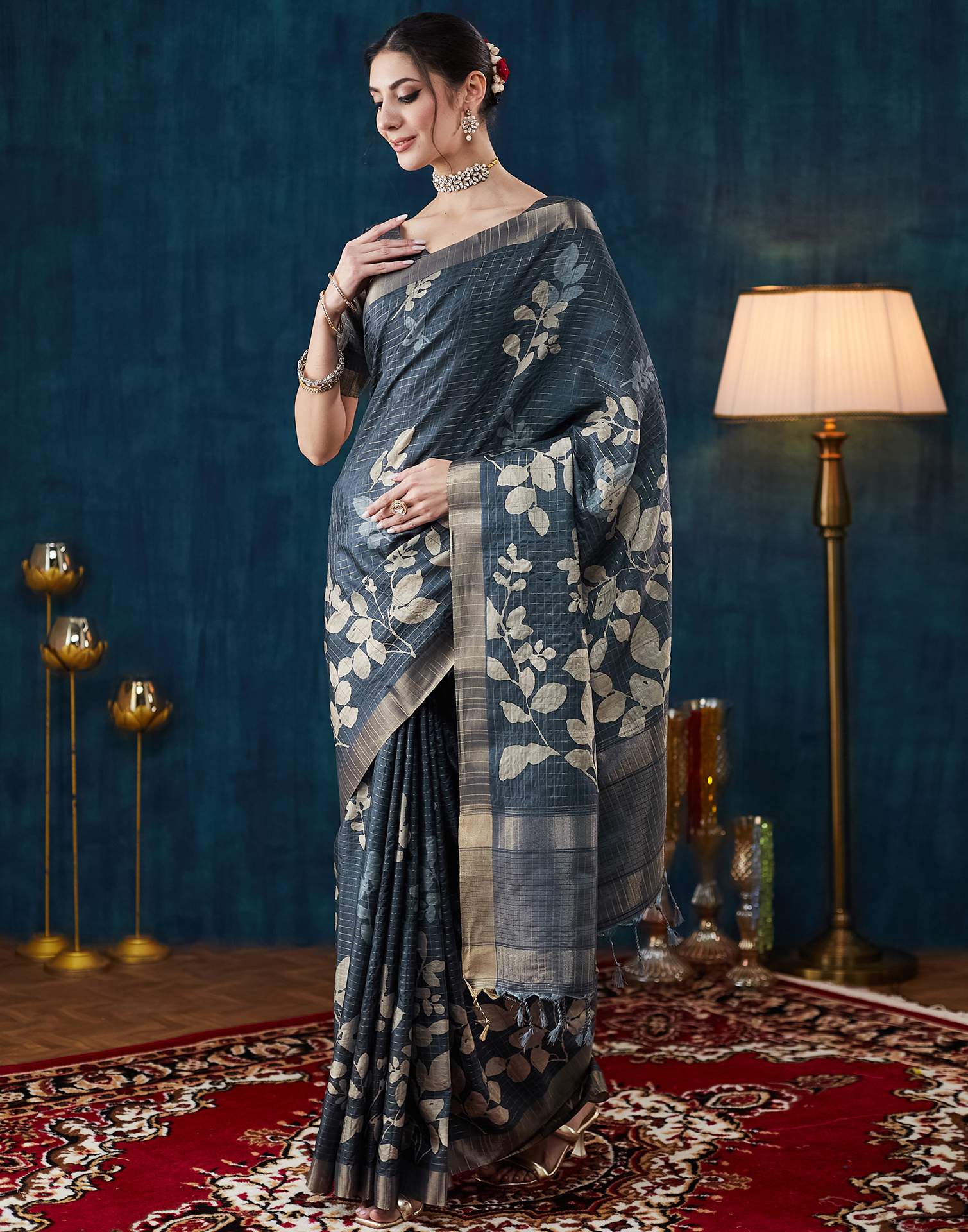 Dark Blue Grey Printed Silk Saree