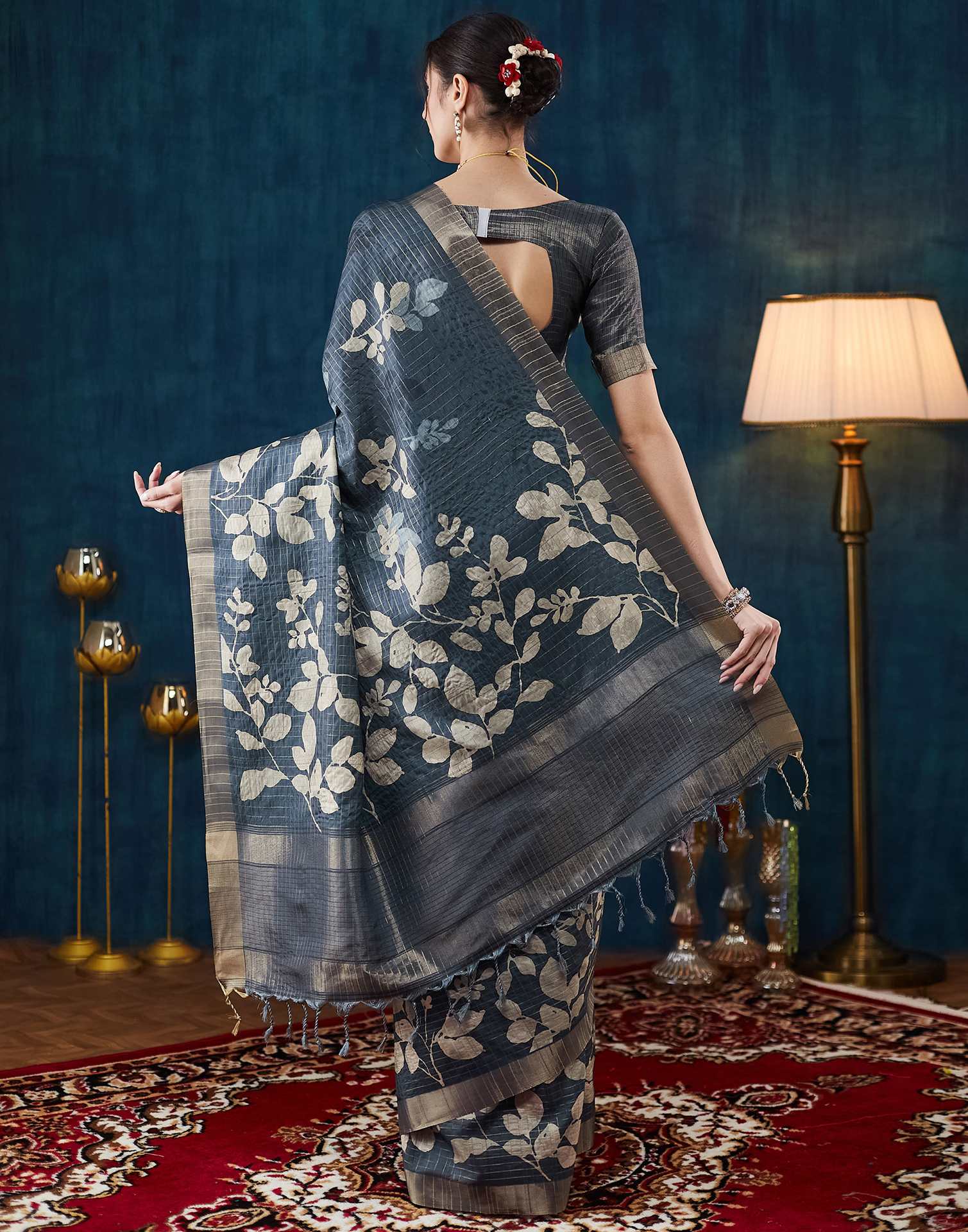 Dark Blue Grey Printed Silk Saree