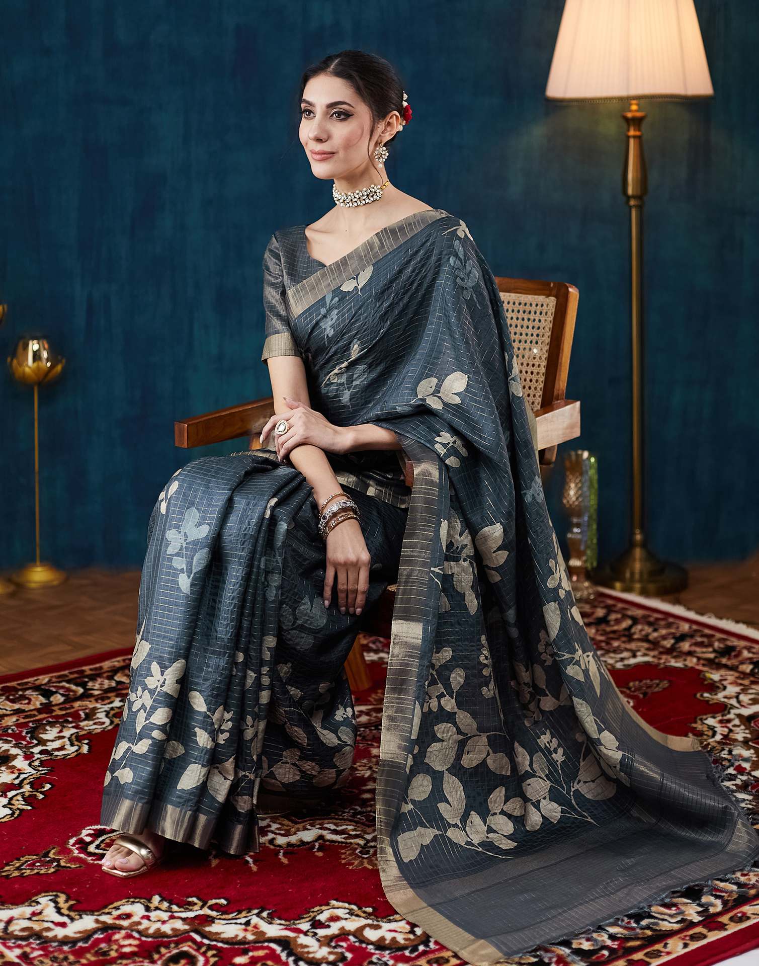 Dark Blue Grey Printed Silk Saree