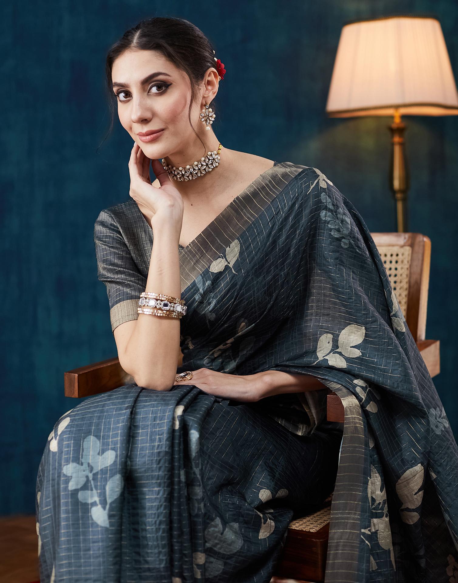 Dark Blue Grey Printed Silk Saree