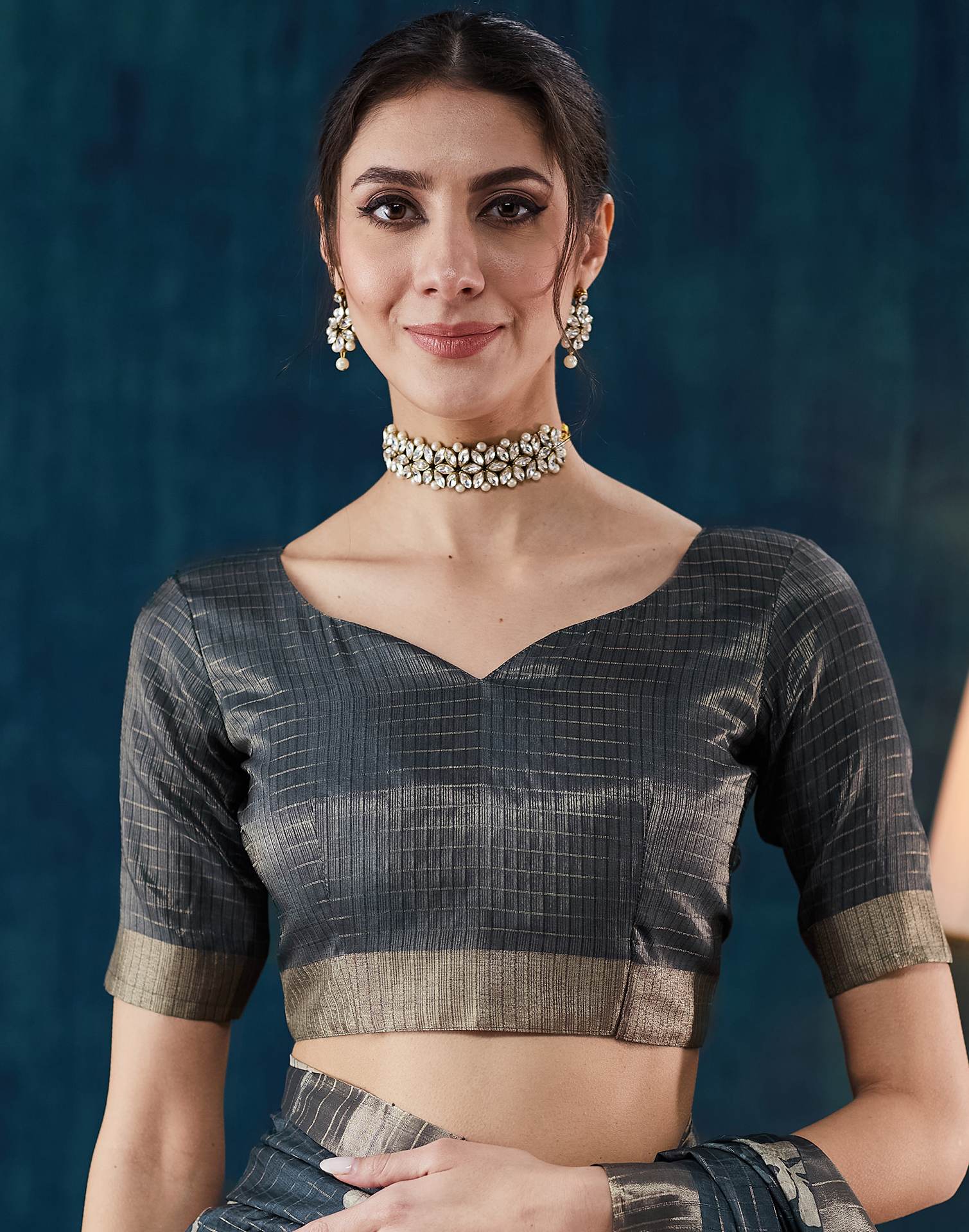Dark Blue Grey Printed Silk Saree