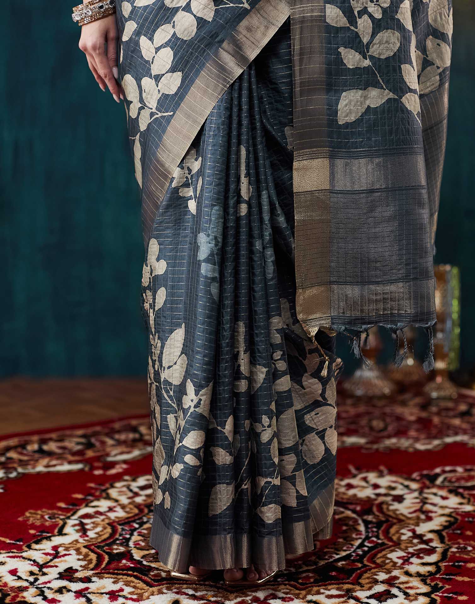 Dark Blue Grey Printed Silk Saree