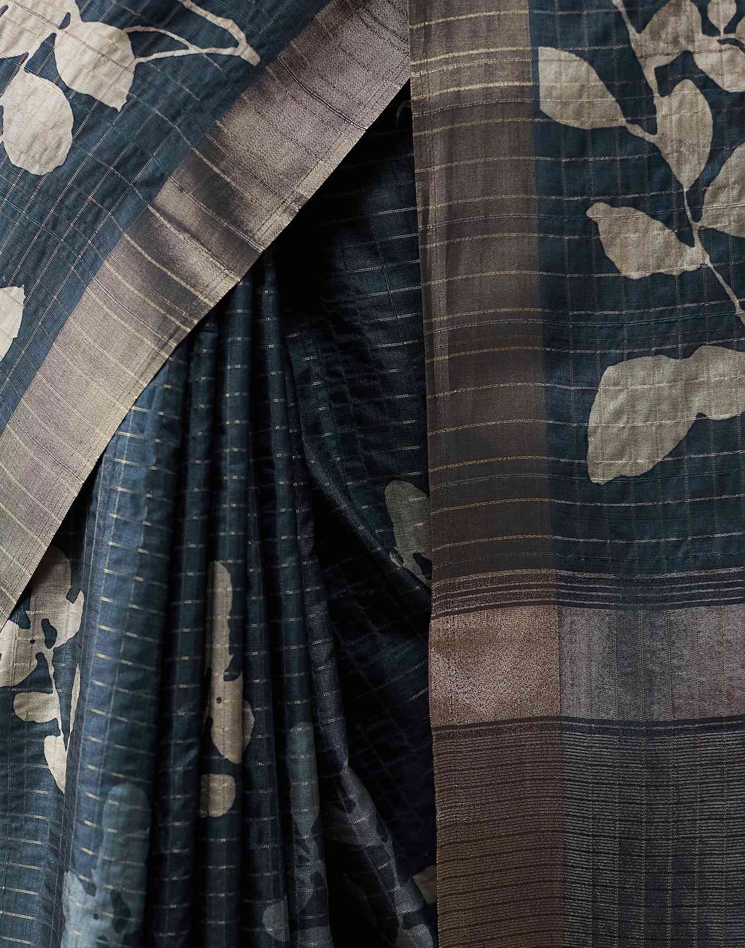 Dark Blue Grey Printed Silk Saree