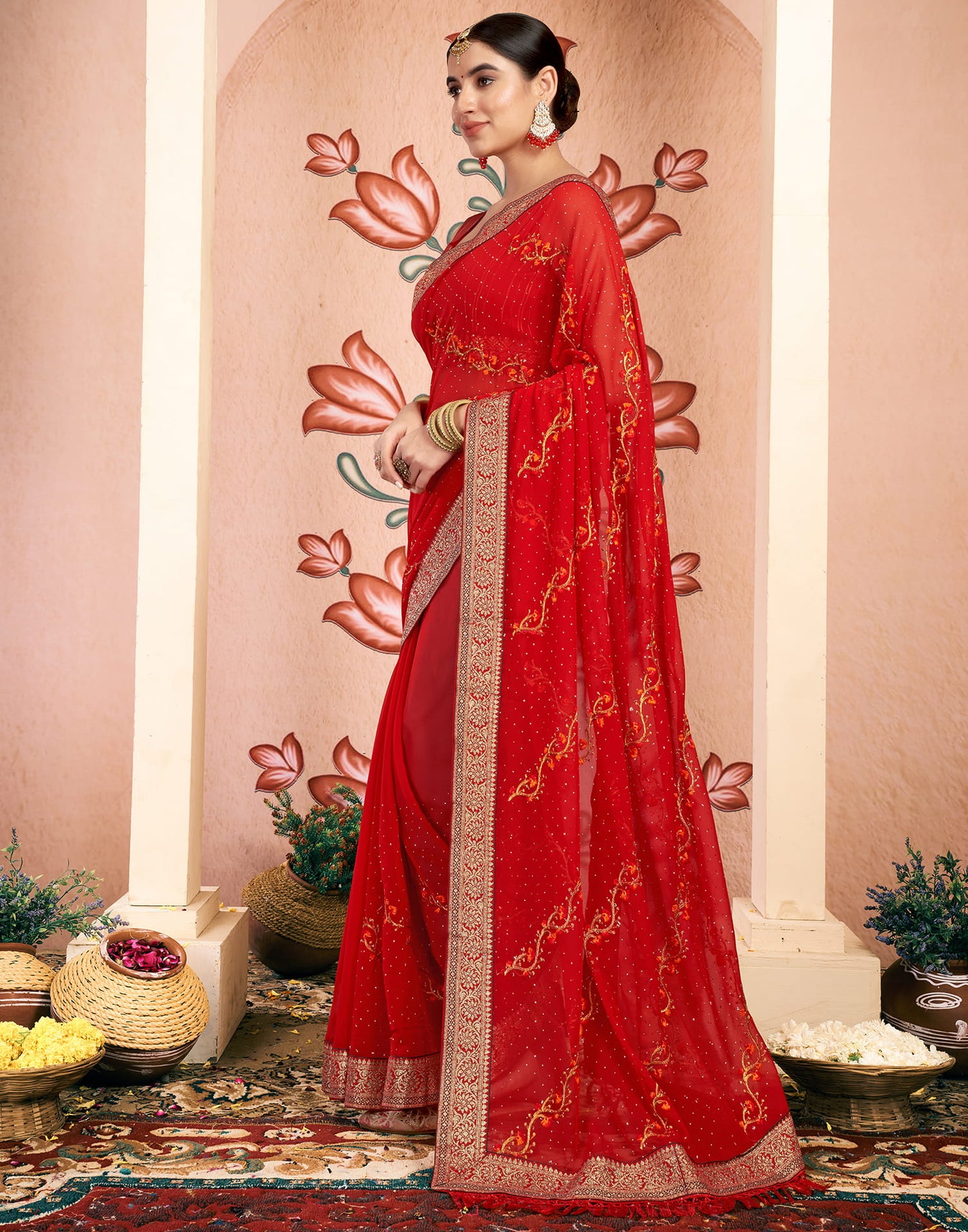 Red Georgette Embroidery Embellished Saree