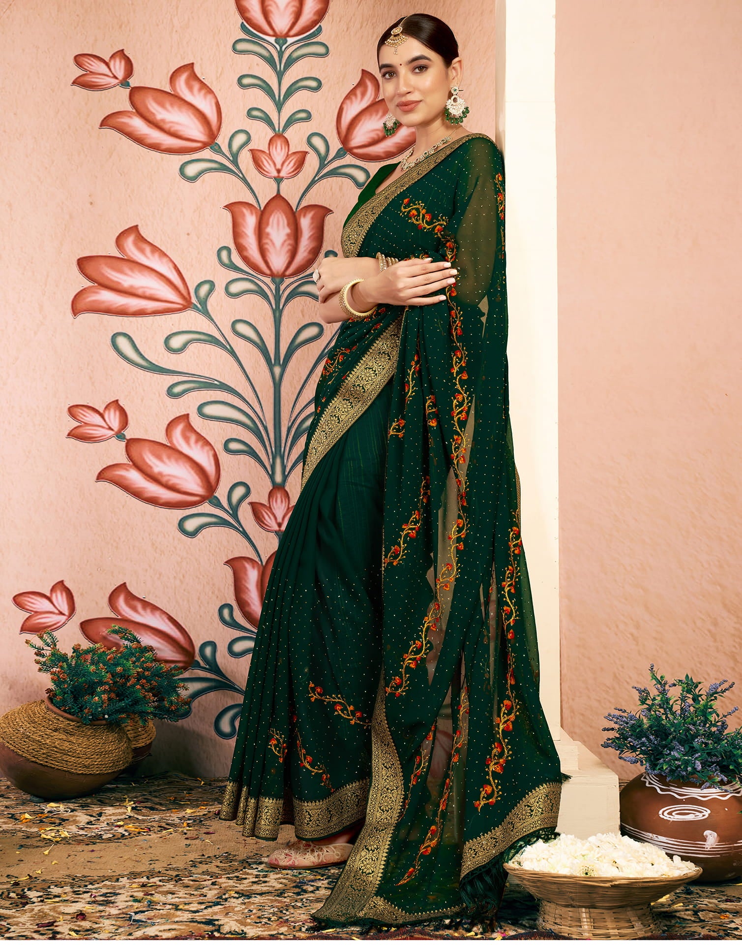 Green Georgette Embroidery Embellished Saree