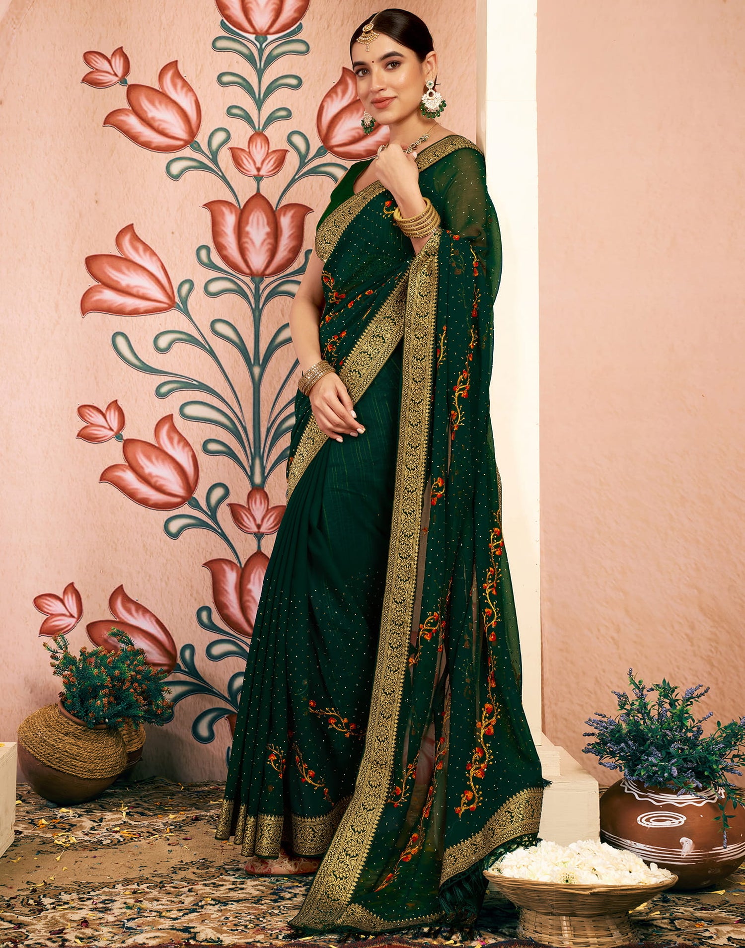 Green Georgette Embroidery Embellished Saree
