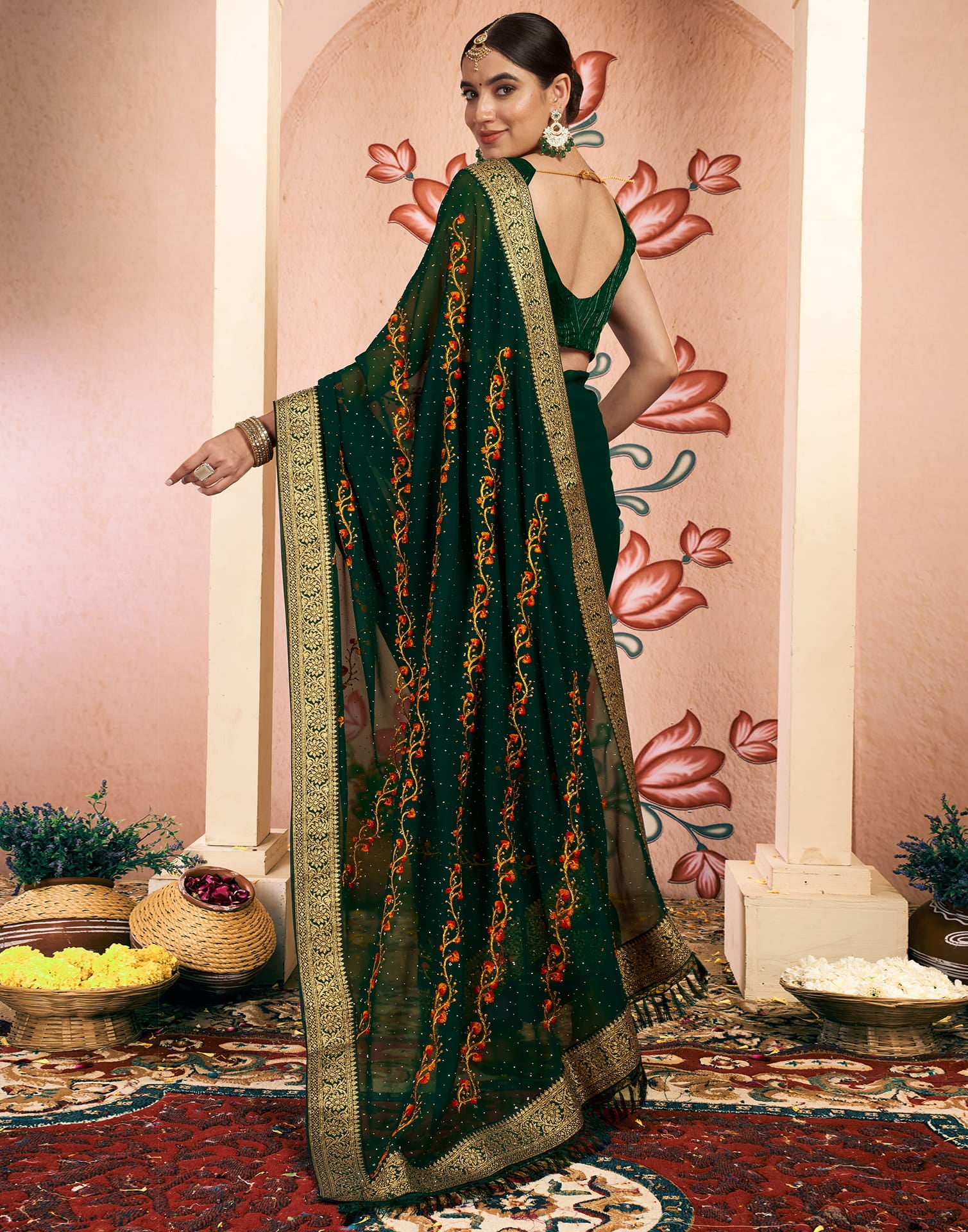 Green Georgette Embroidery Embellished Saree