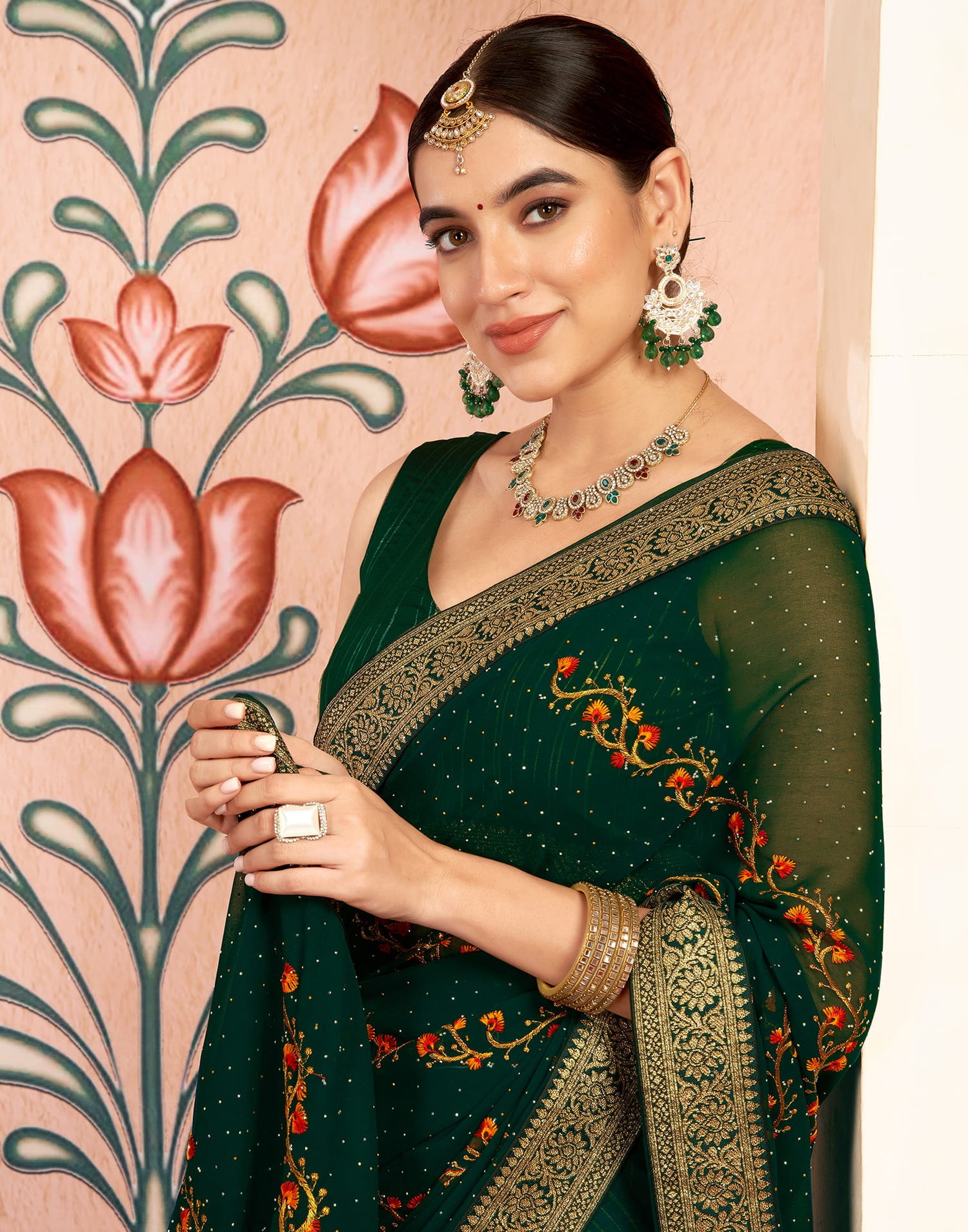 Green Georgette Embroidery Embellished Saree