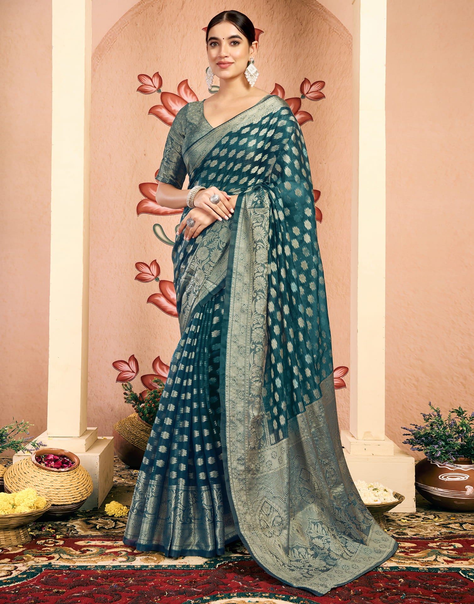 Blue Silk Blend Woven Banarasi Saree