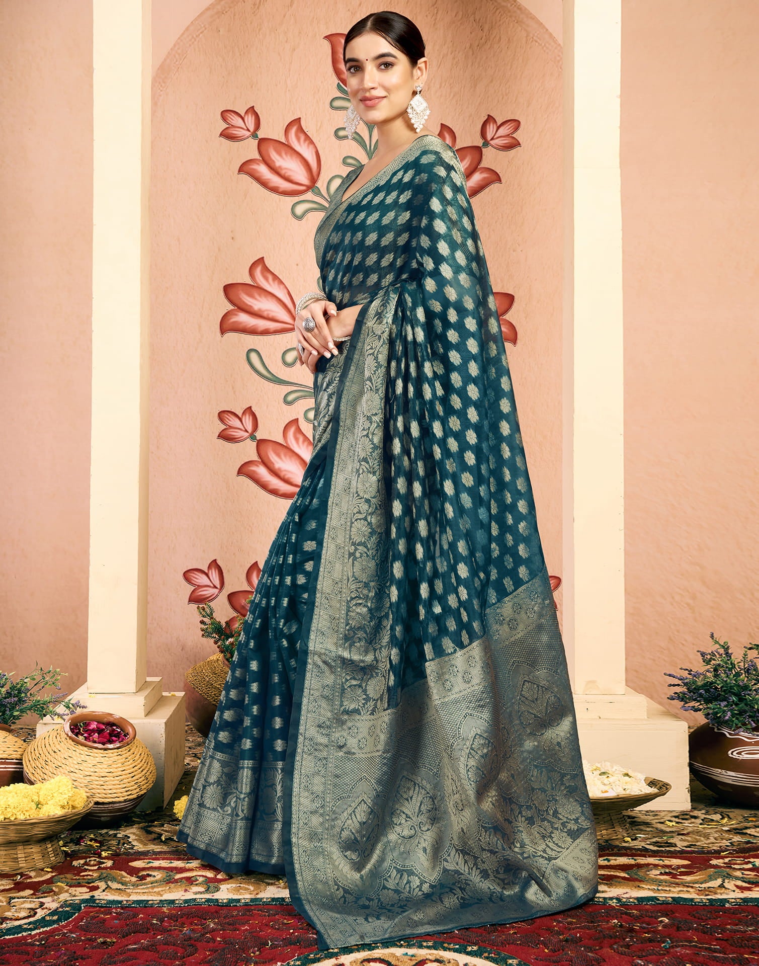 Blue Silk Blend Woven Banarasi Saree