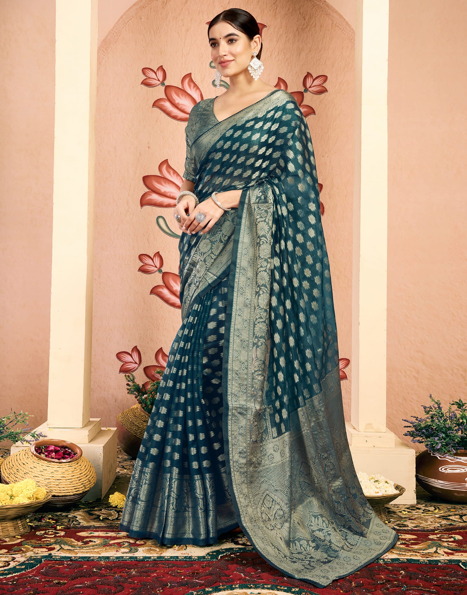 Blue Silk Blend Woven Banarasi Saree