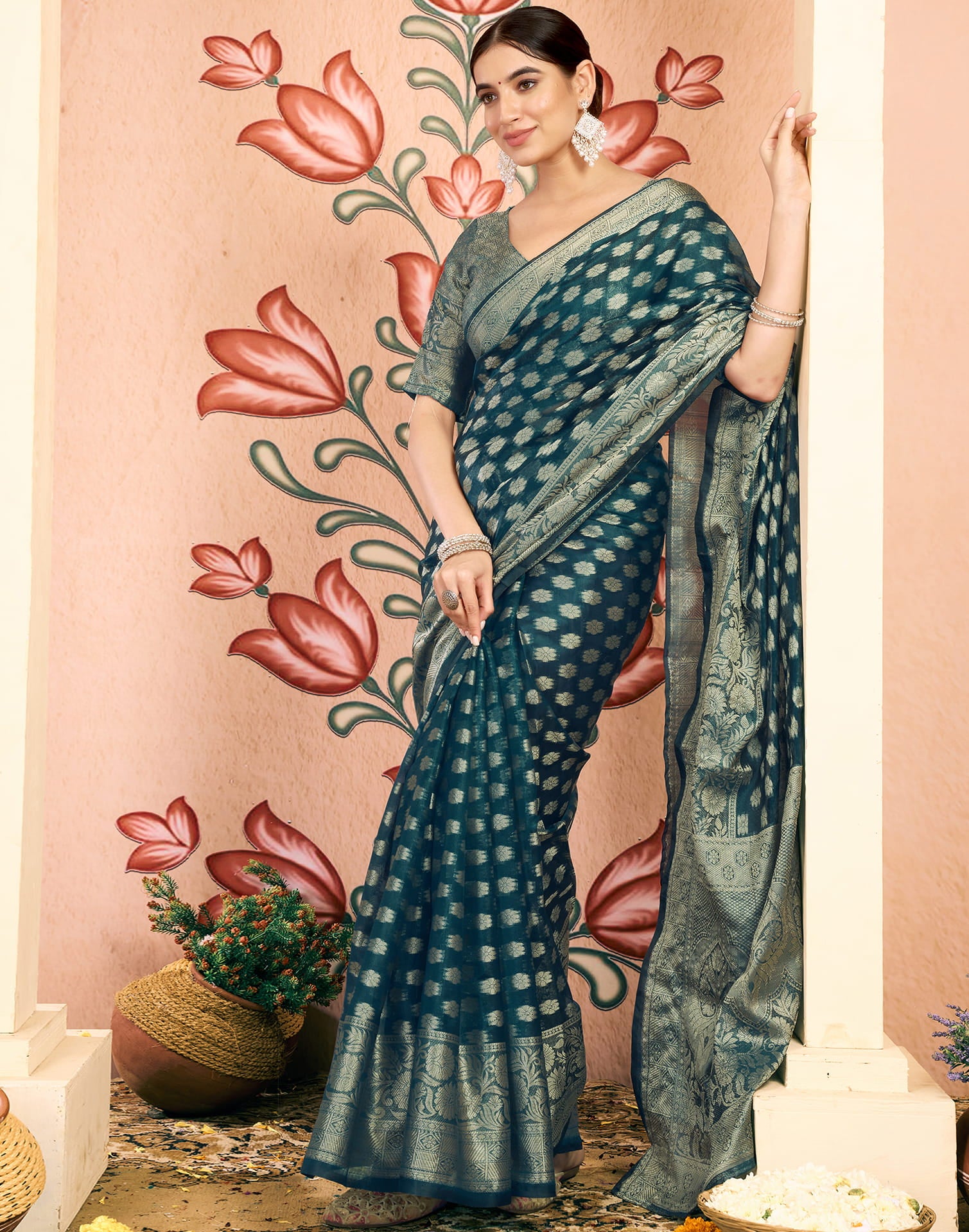 Blue Silk Blend Woven Banarasi Saree