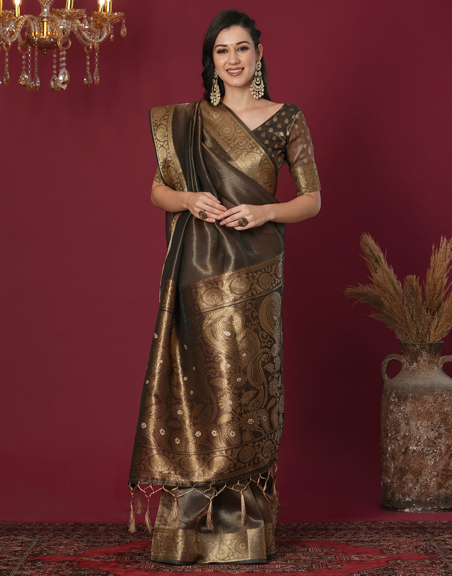 Brown Organza Woven Saree